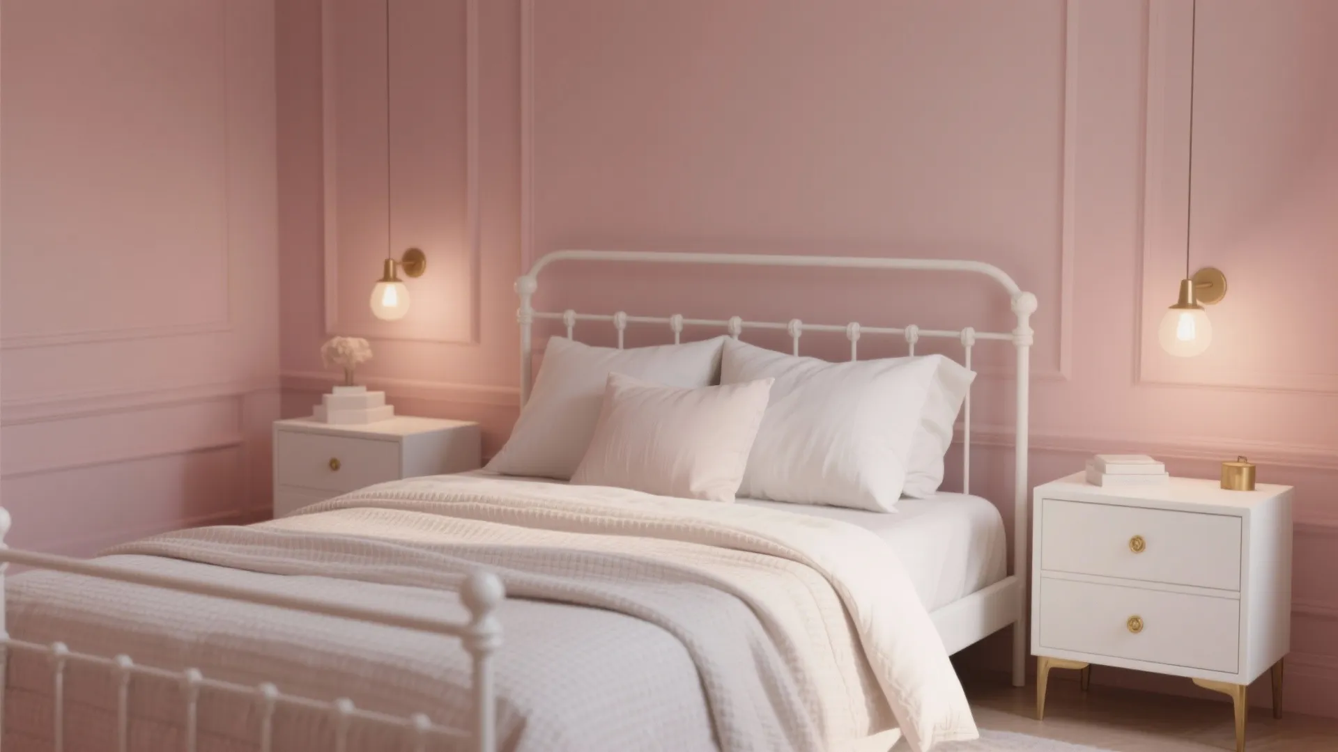 Elegant pink bedroom featuring white metal bed frame white nightstands gold wall lights and pillows