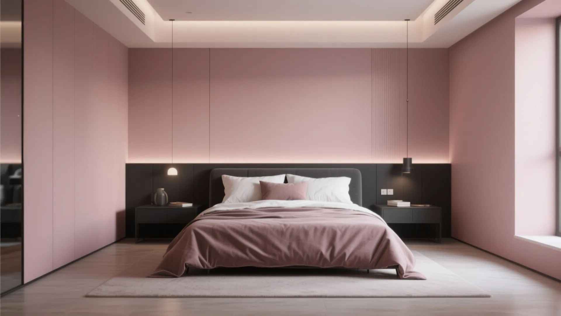 Modern bedroom with dusty rose walls and charcoal bedding in soft light