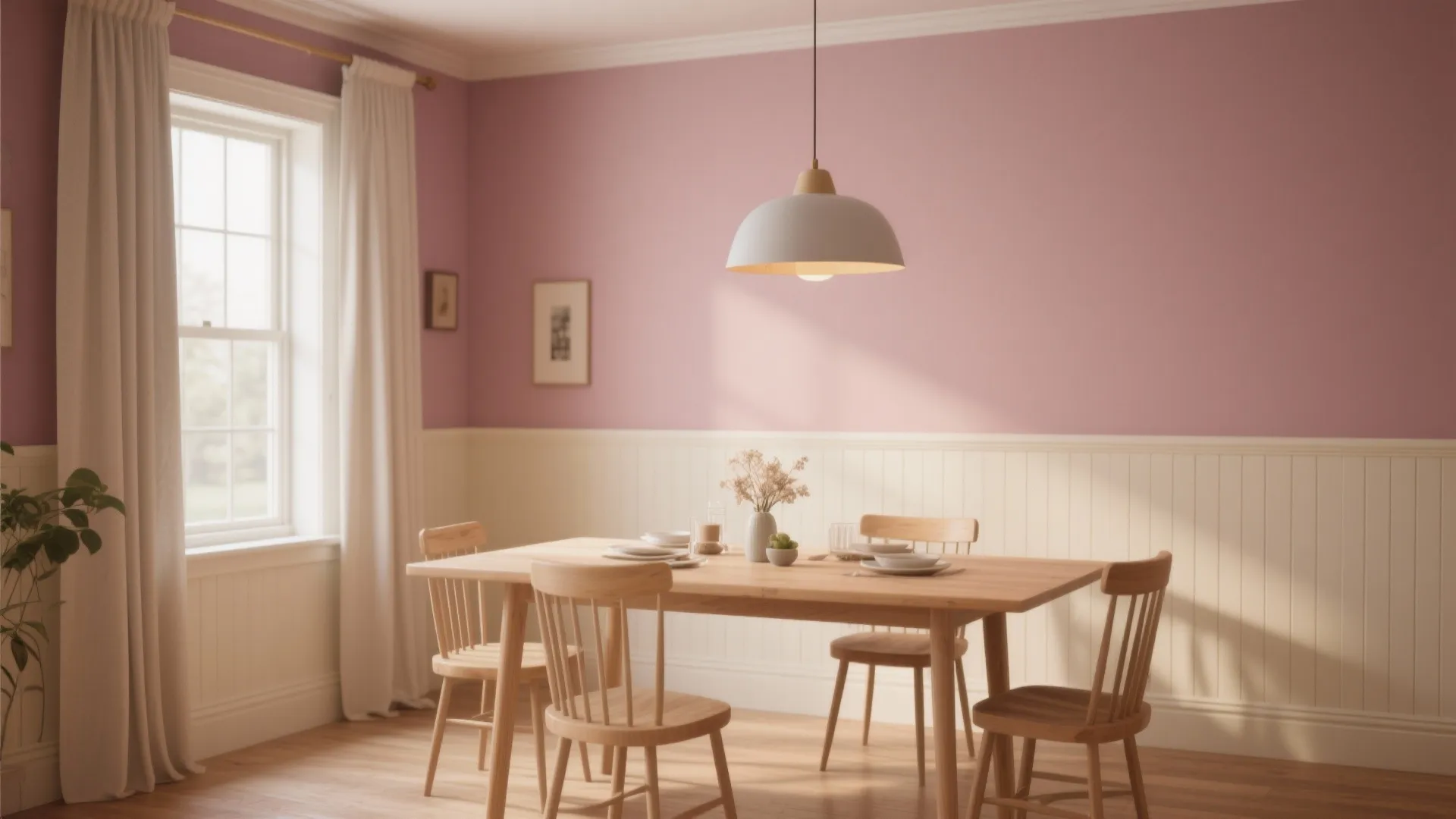 Pink dining room with wooden table and chairs white wall panel ceiling light and window
