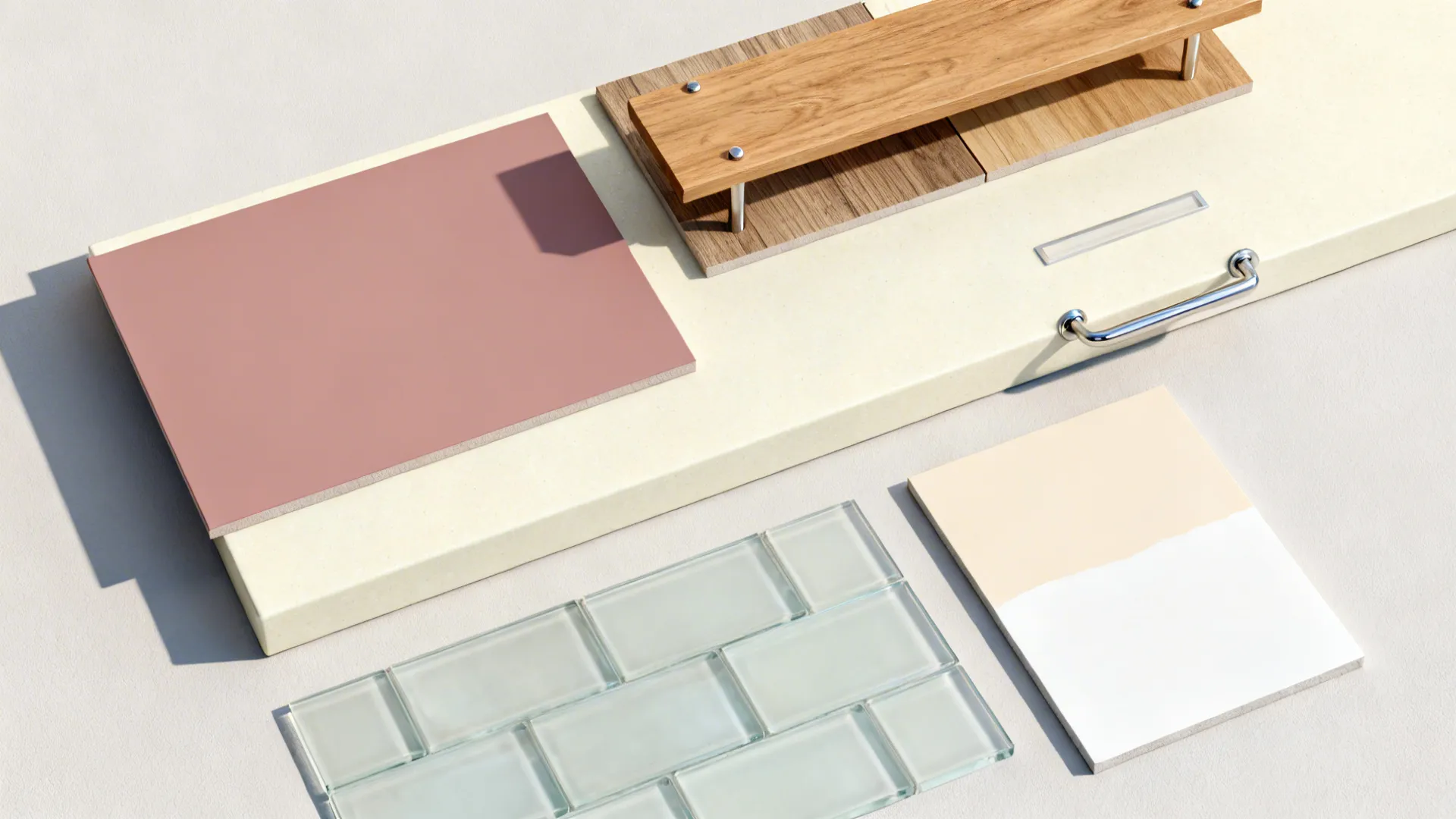 Top-down palette with dusty rose laminate, oak, cream counter, nickel hardware, and glass sample.