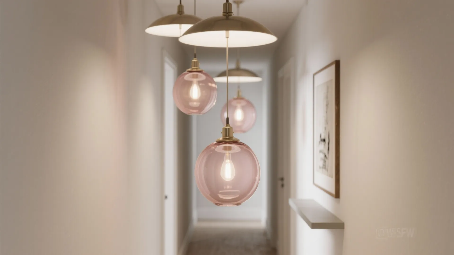 White hallway with multiple pink round ceiling light fixtures hanging in a row near wall art