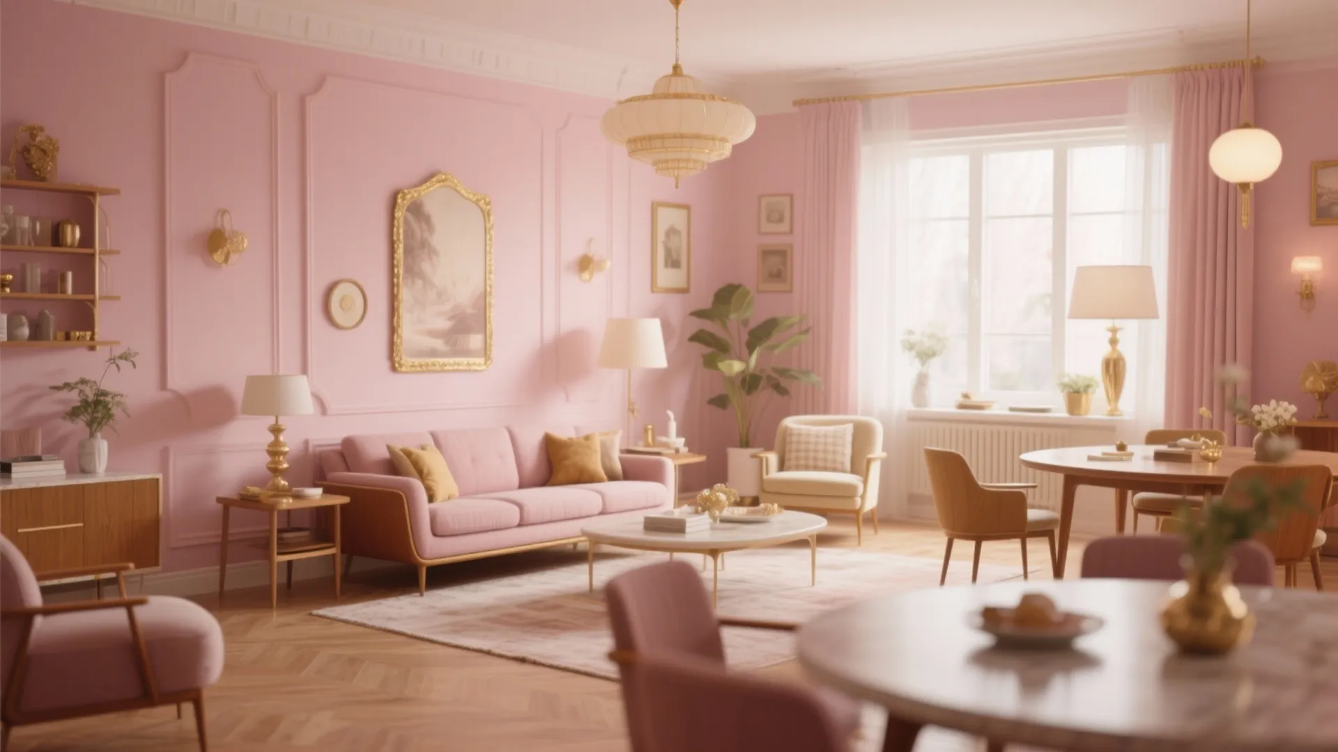 Dusty rose living room with pink sofa gold wall panels white ceiling light and curtains