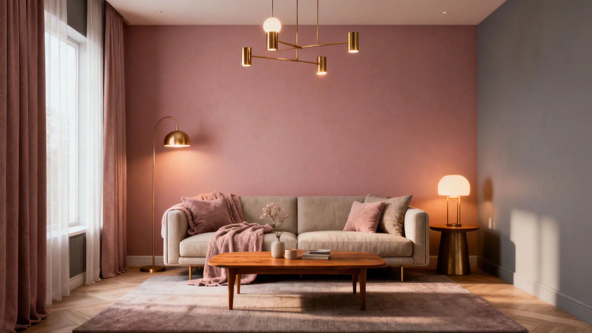 Dusty rose accent wall with warm gray surrounding walls, brass fixtures and soft textiles.