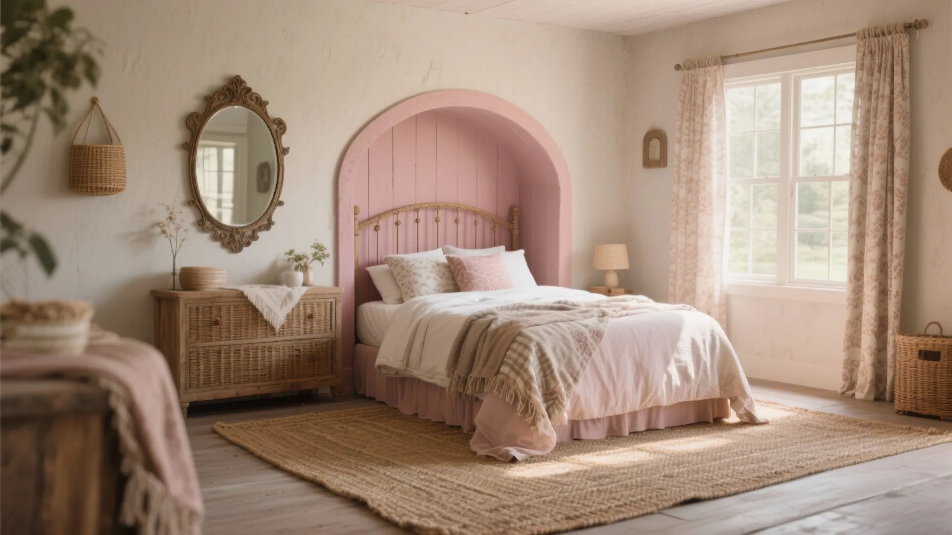 Pink bedroom featuring arched wall niche, wicker cabinet, round mirror, patterned curtains, and large rug