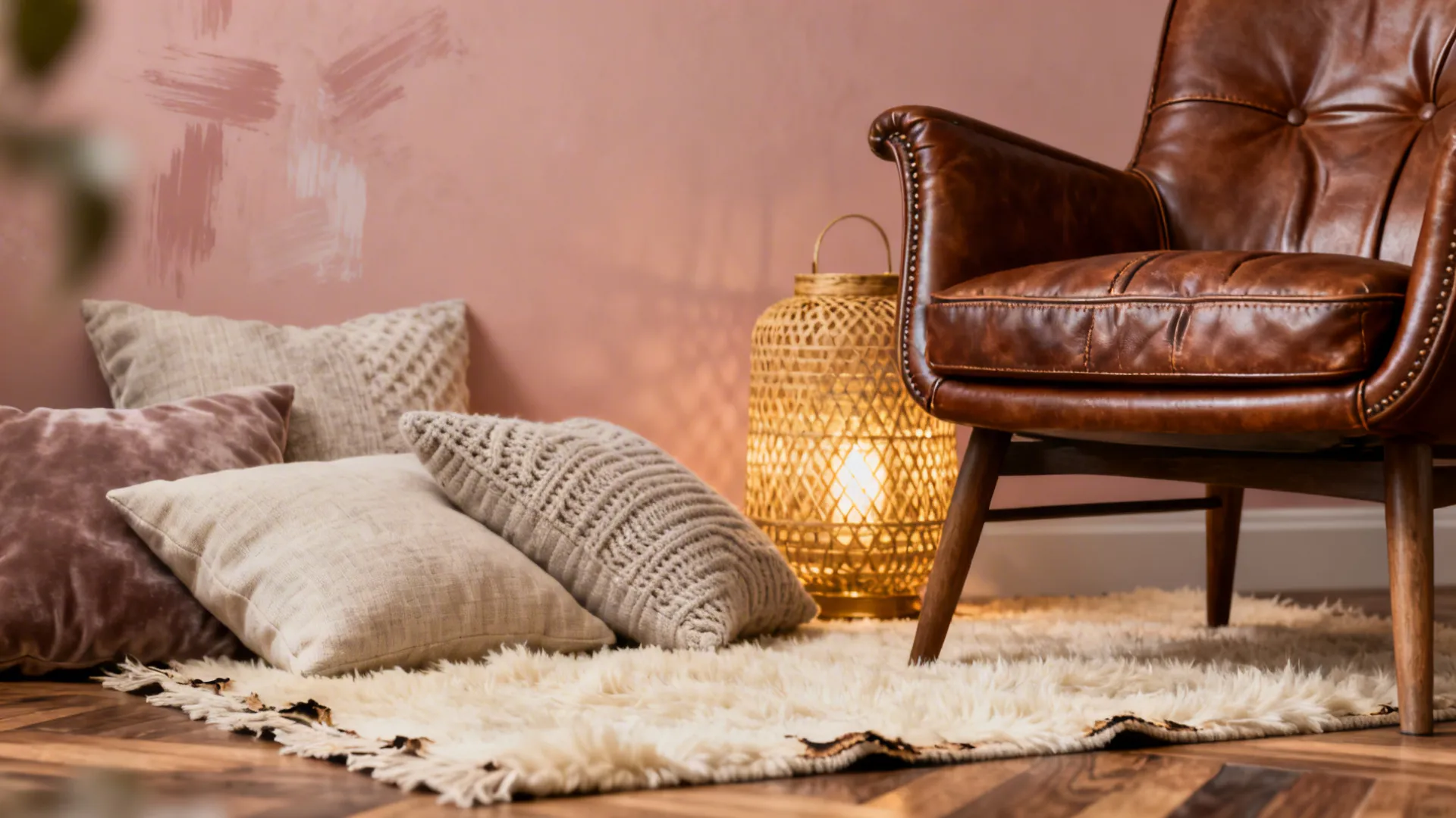 Brown leather chair beside floor pillows and woven lamp on a rug in pink room
