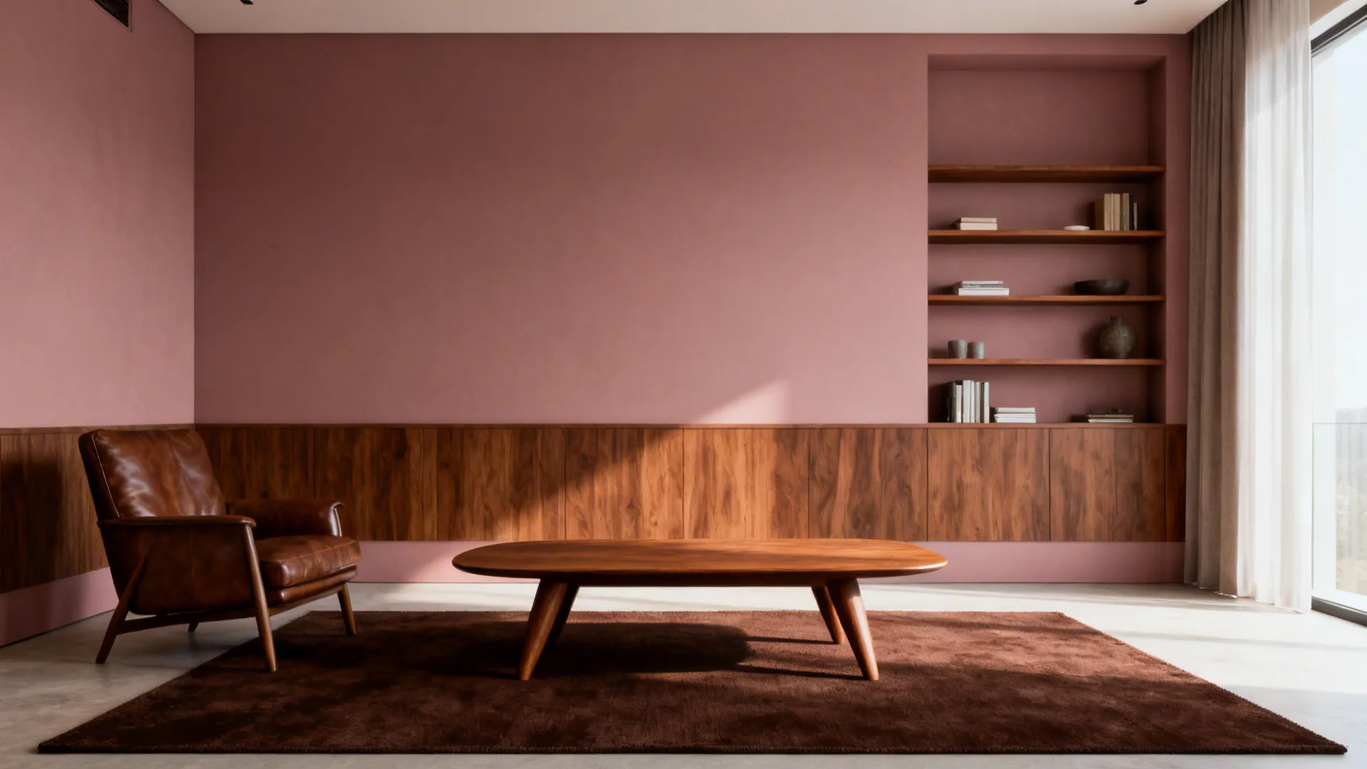 Living room with dusty rose walls and walnut furniture anchored by a deep brown rug