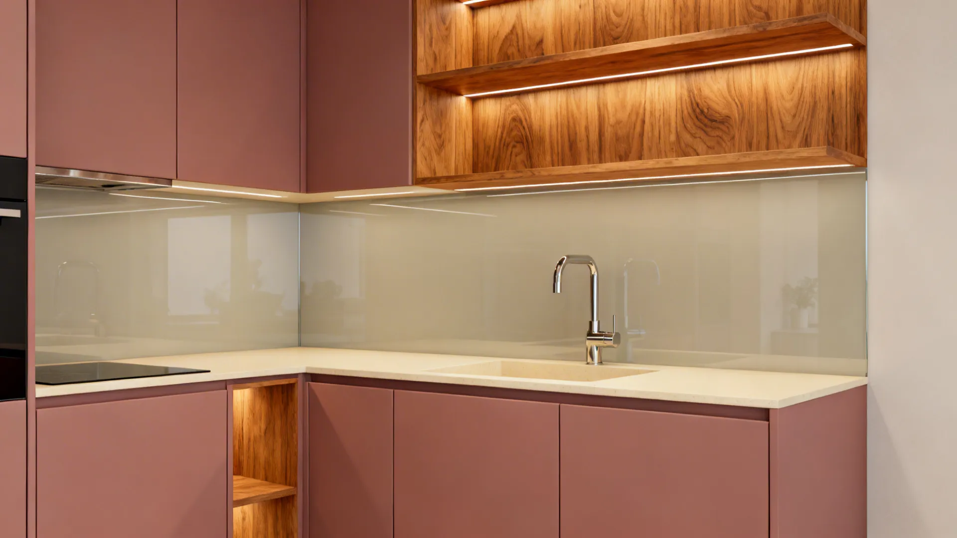 Dusty rose base cabinets with oak open shelves and warm lighting in a small kitchen.