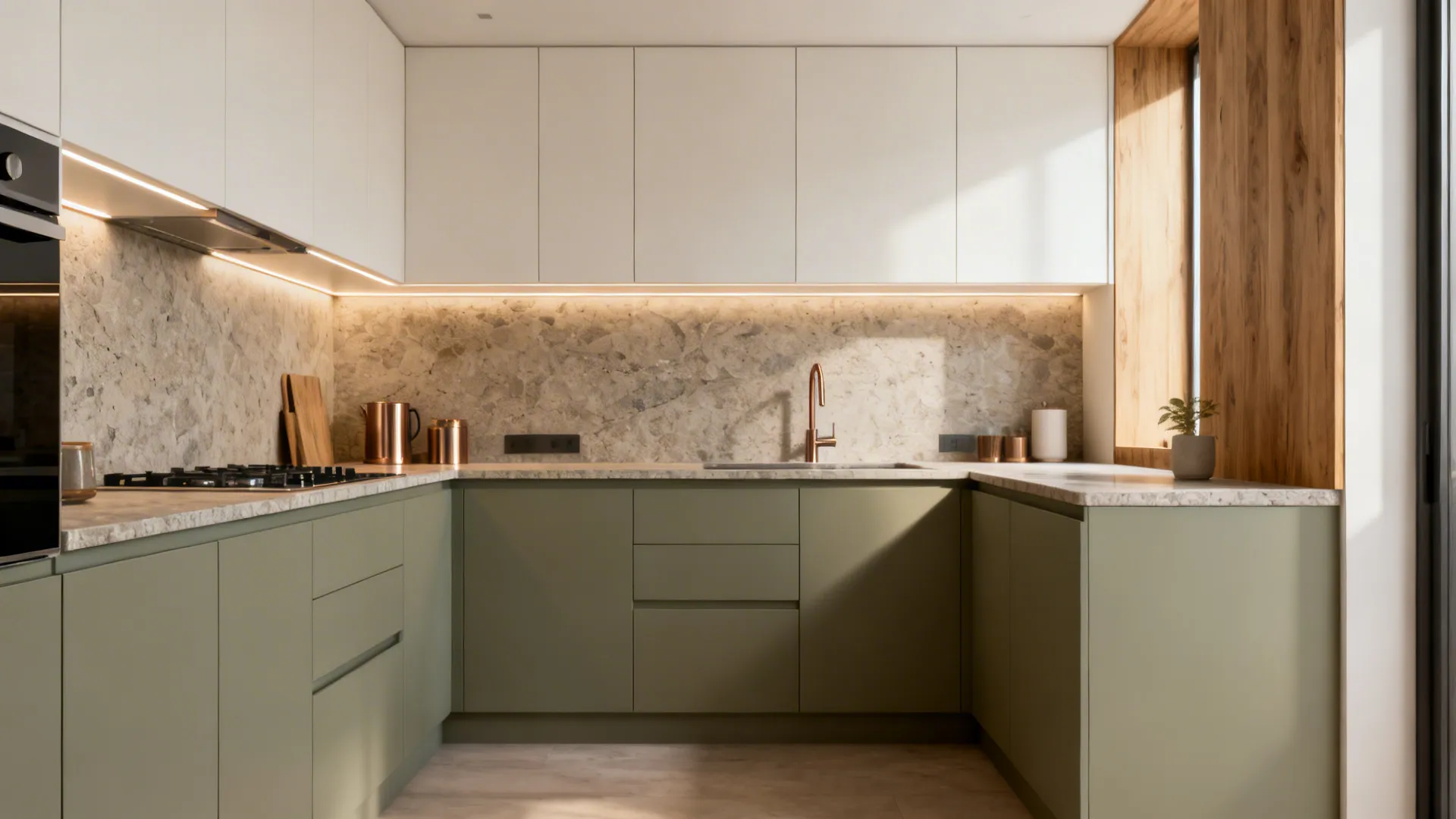 Dusty sage base cabinets with off-white uppers and warm accents in a small kitchen.