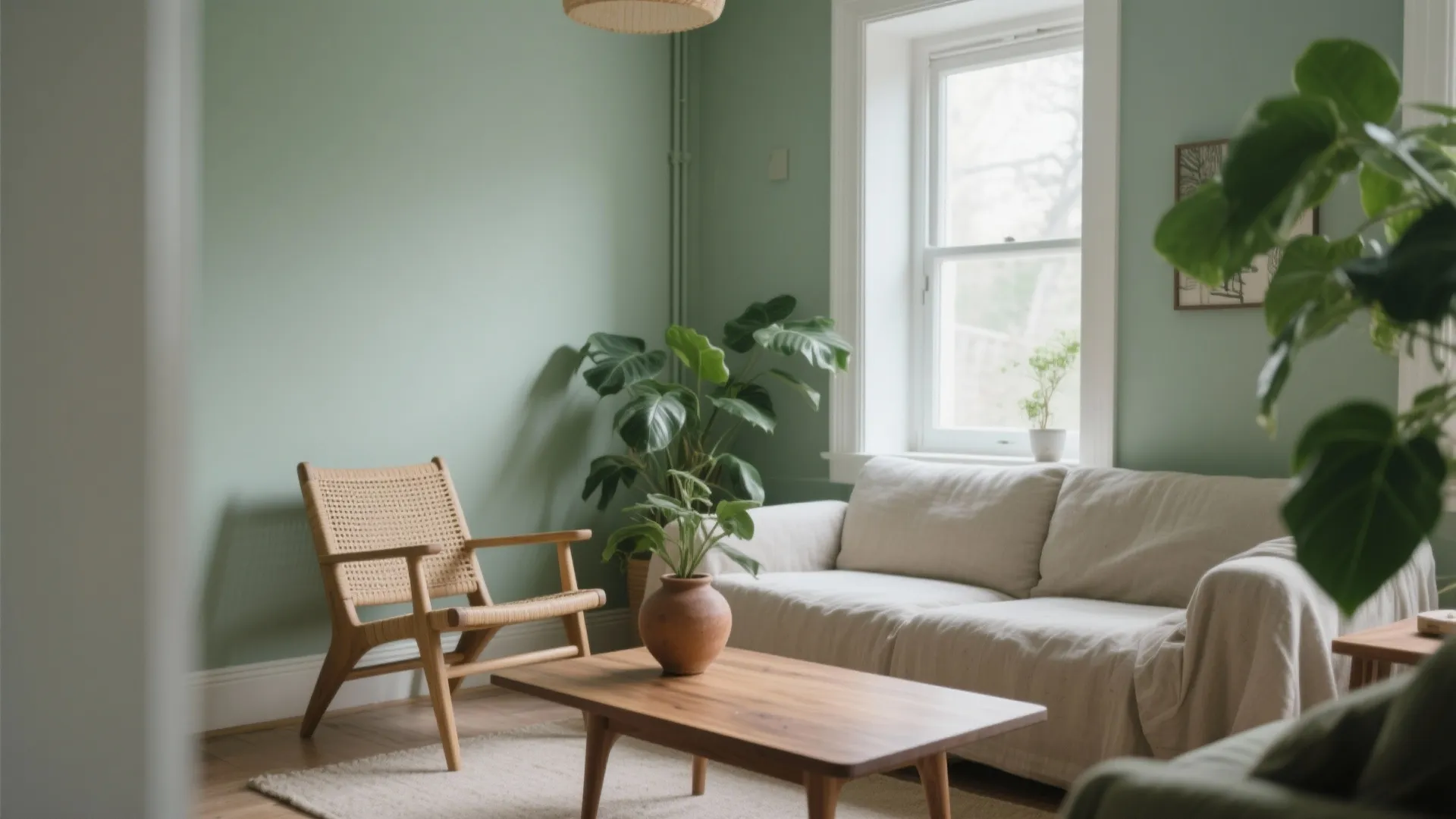 Small living room with dusty sage walls, oak and rattan textures, and plants in soft daylight.