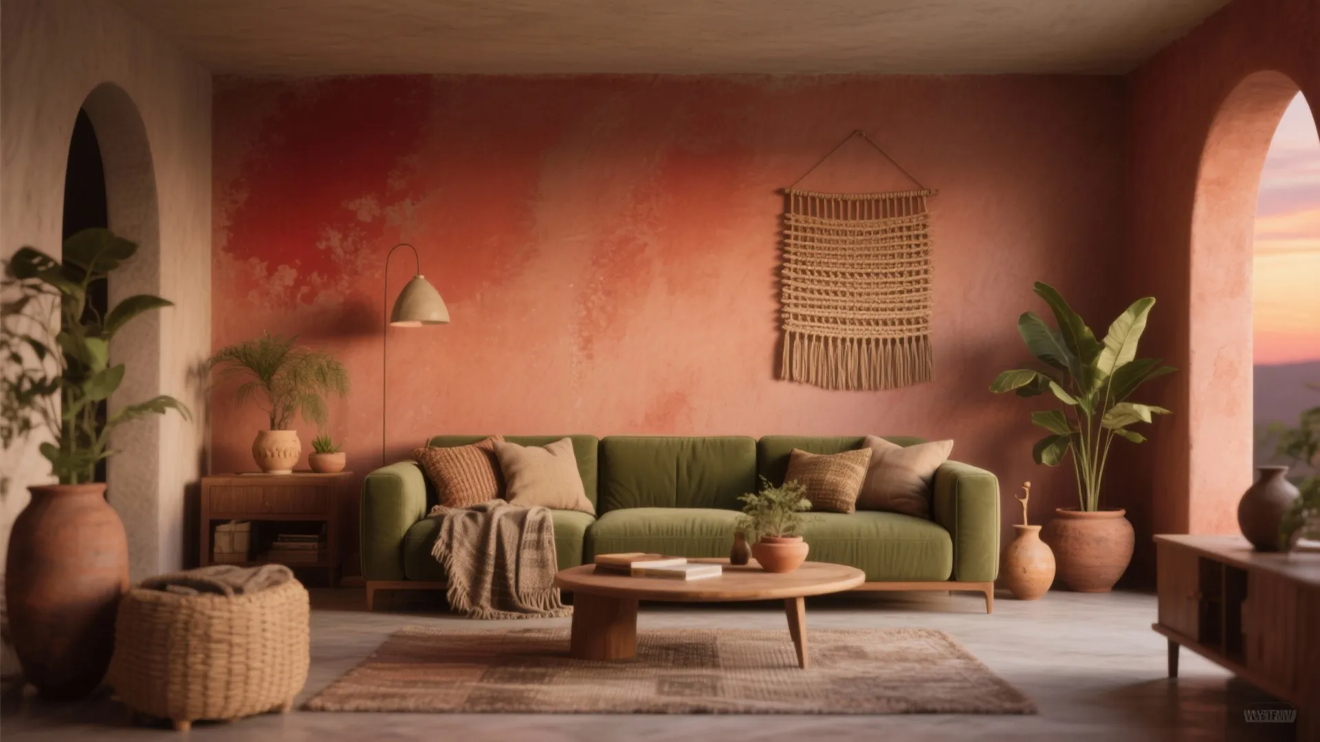 Terracotta living room with green sofa wooden coffee table wall hanging potted plants and light