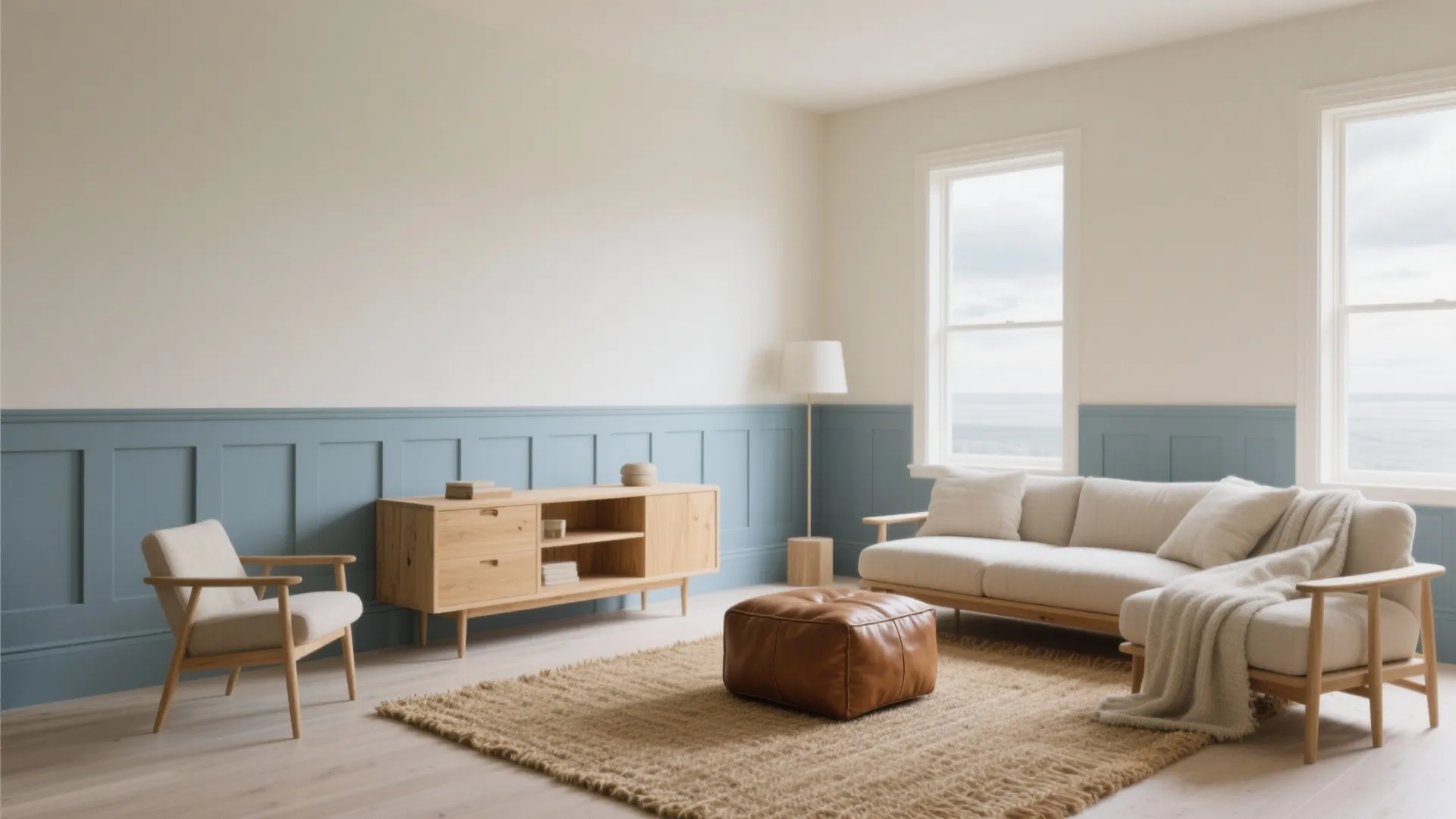 Modern living room featuring blue wall panel cream sofa wooden cabinet leather footrest and natural light
