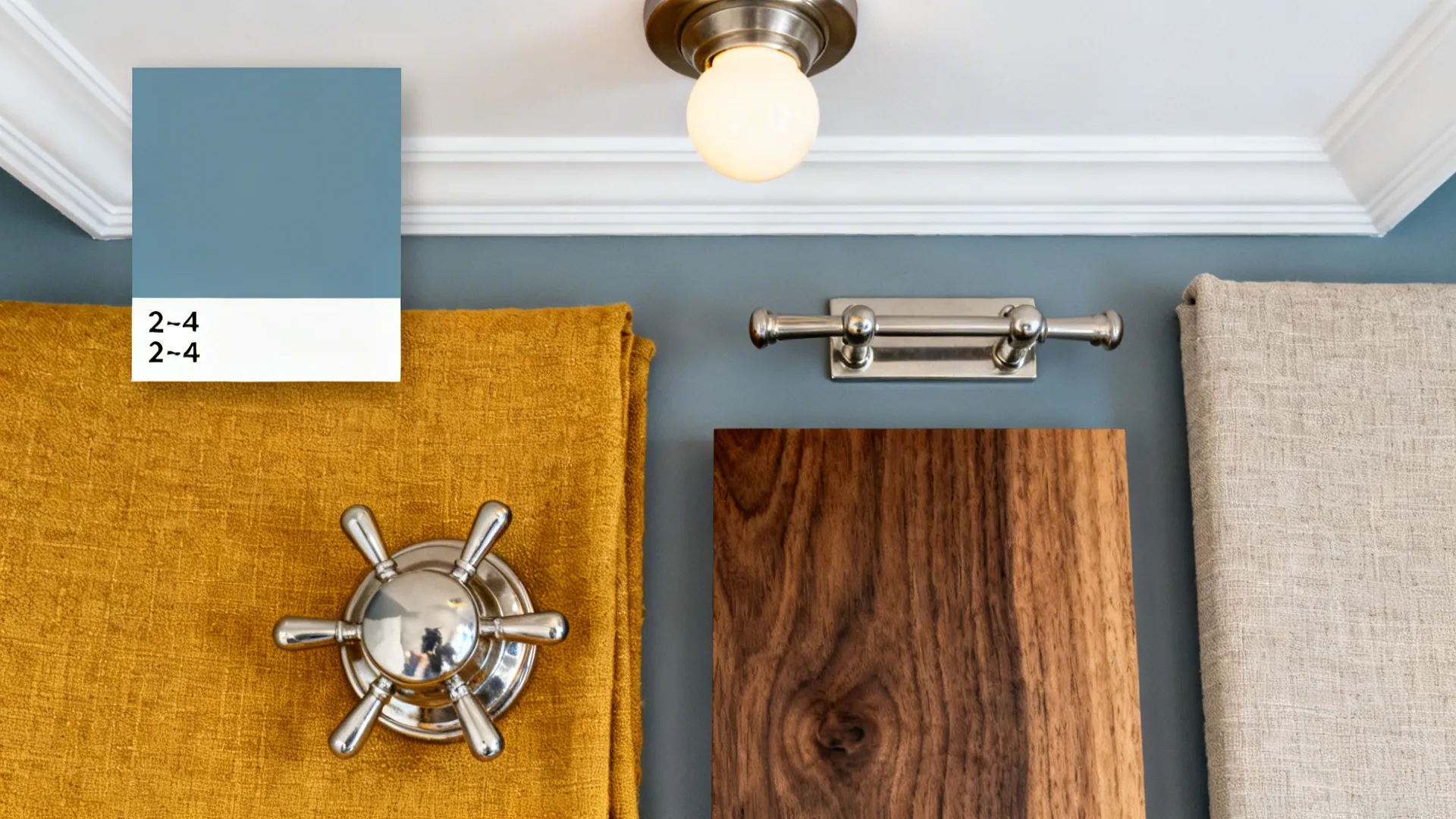 Flatlay of dusty blue and warm white samples with brushed nickel, mustard textile, and walnut wood.