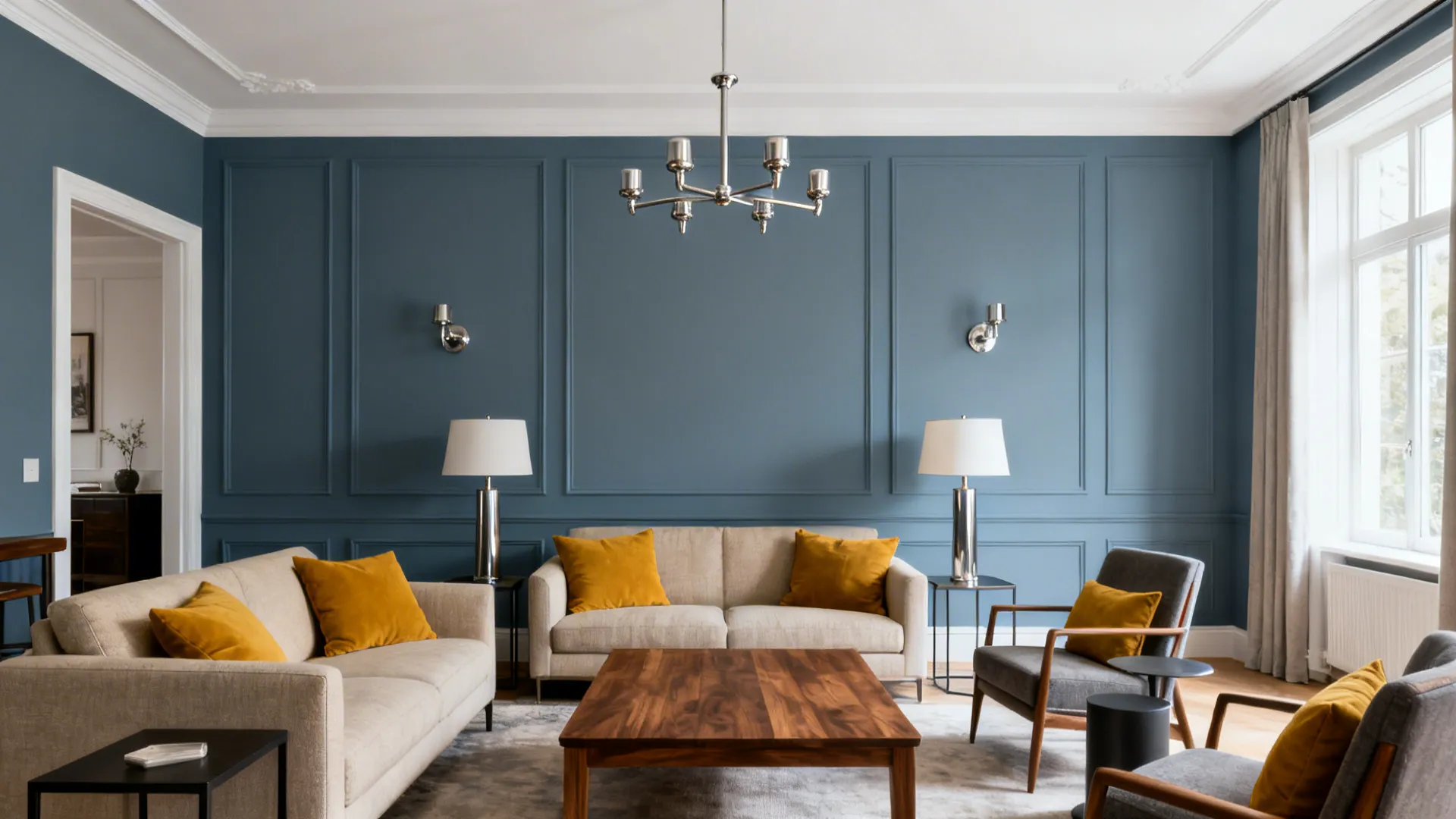 Dusty blue accent wall with warm white ceiling and brushed nickel lamps in a compact drawing room.