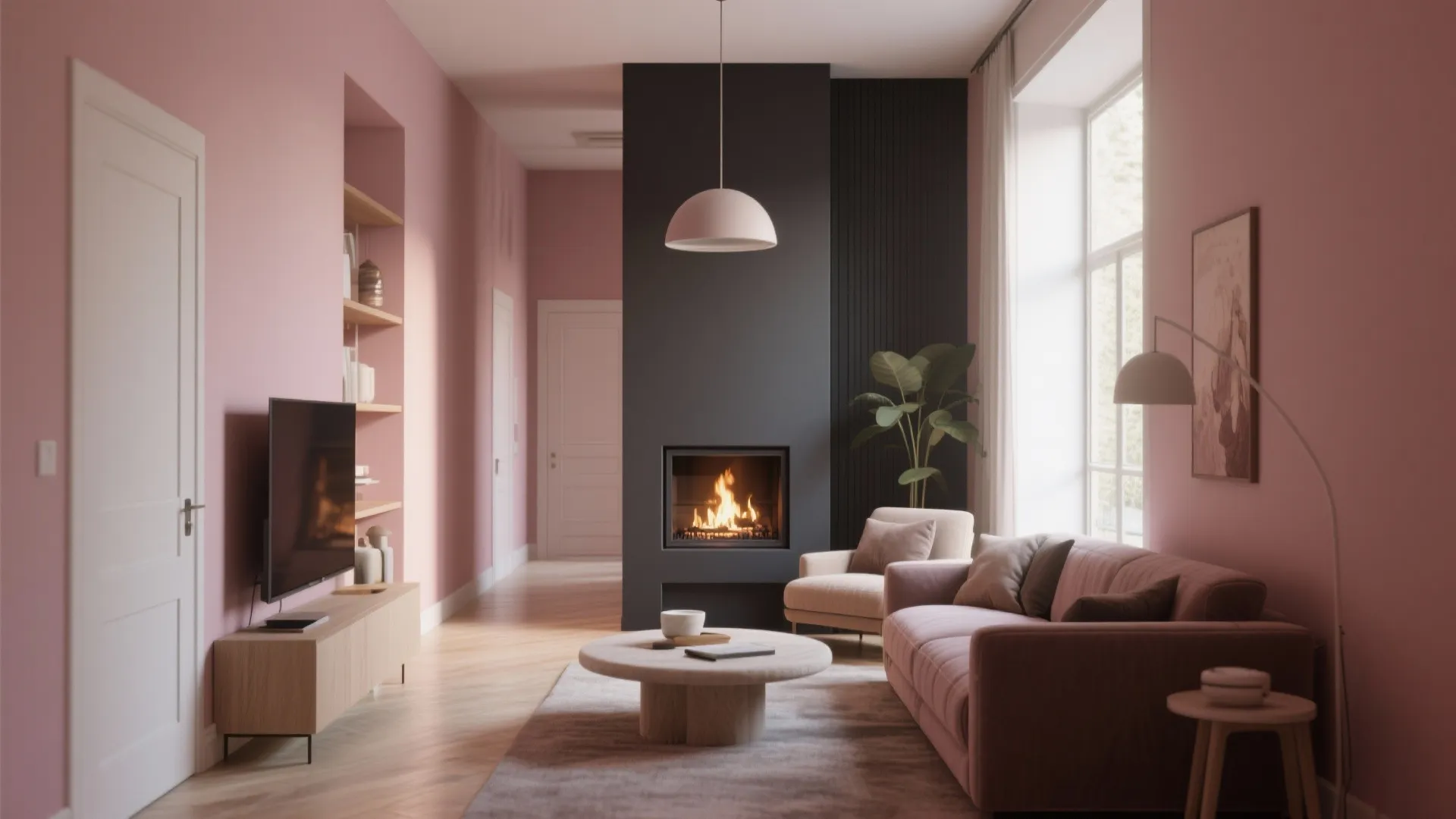 Narrow living room with dusty rose walls and charcoal accent