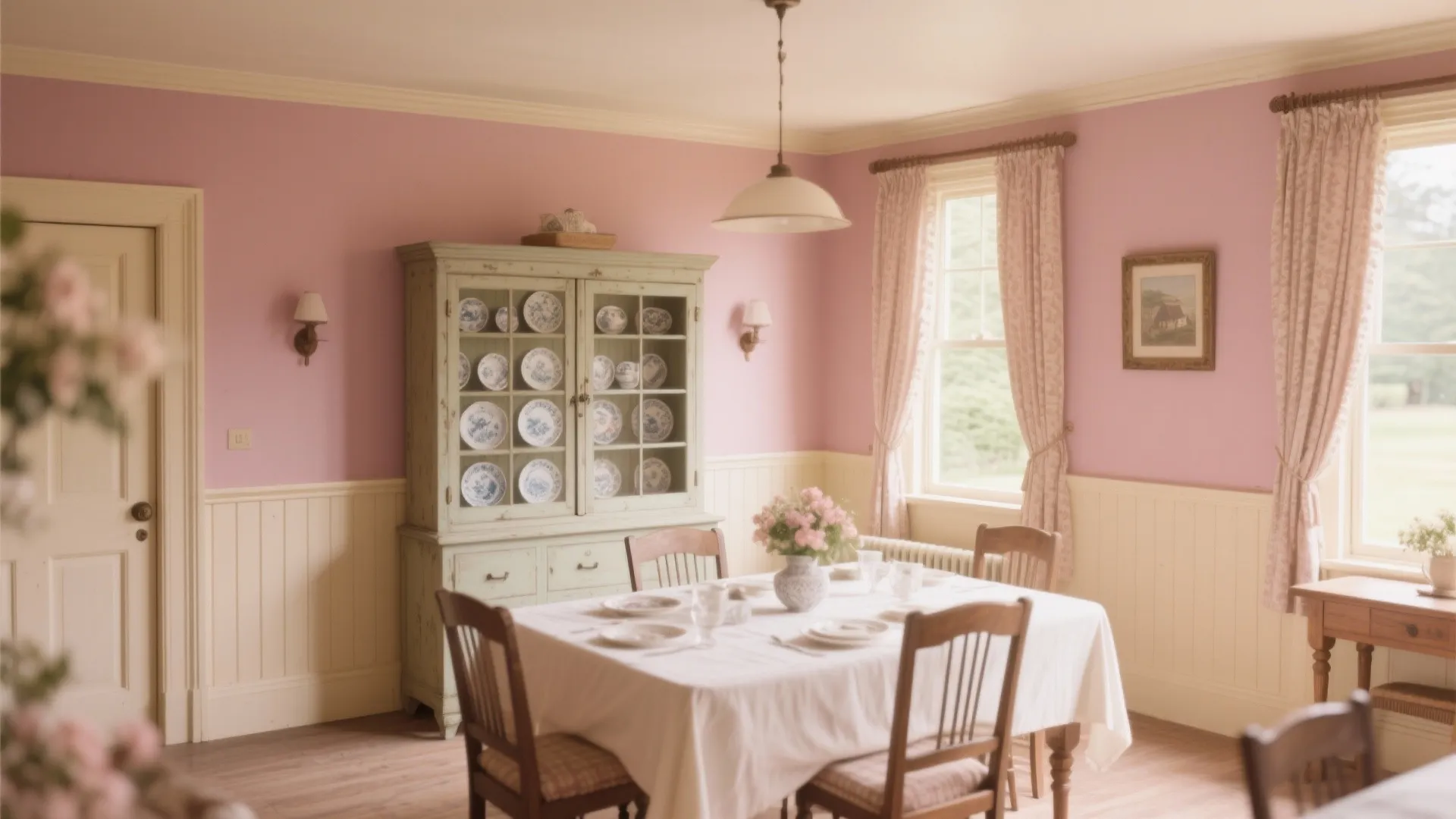 Pink dining room with cream wall panels vintage cabinet wooden table chairs and ceiling light