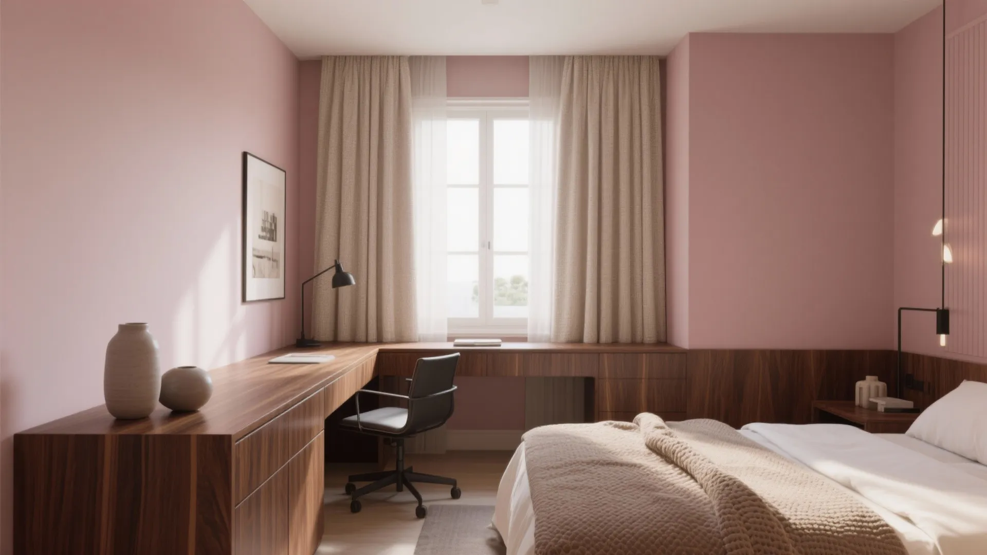 Pink bedroom with walnut wood desk black chair beige curtains large window and cozy white bedding