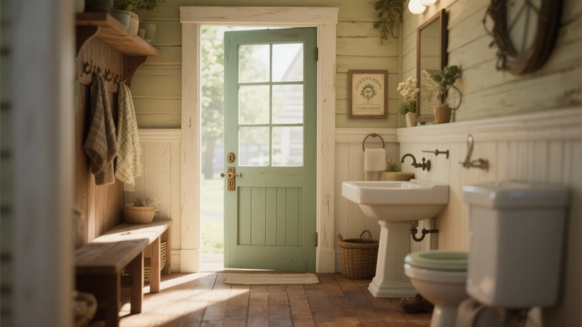 Rustic bathroom with light green wall panel white sink toilet and open wooden split door