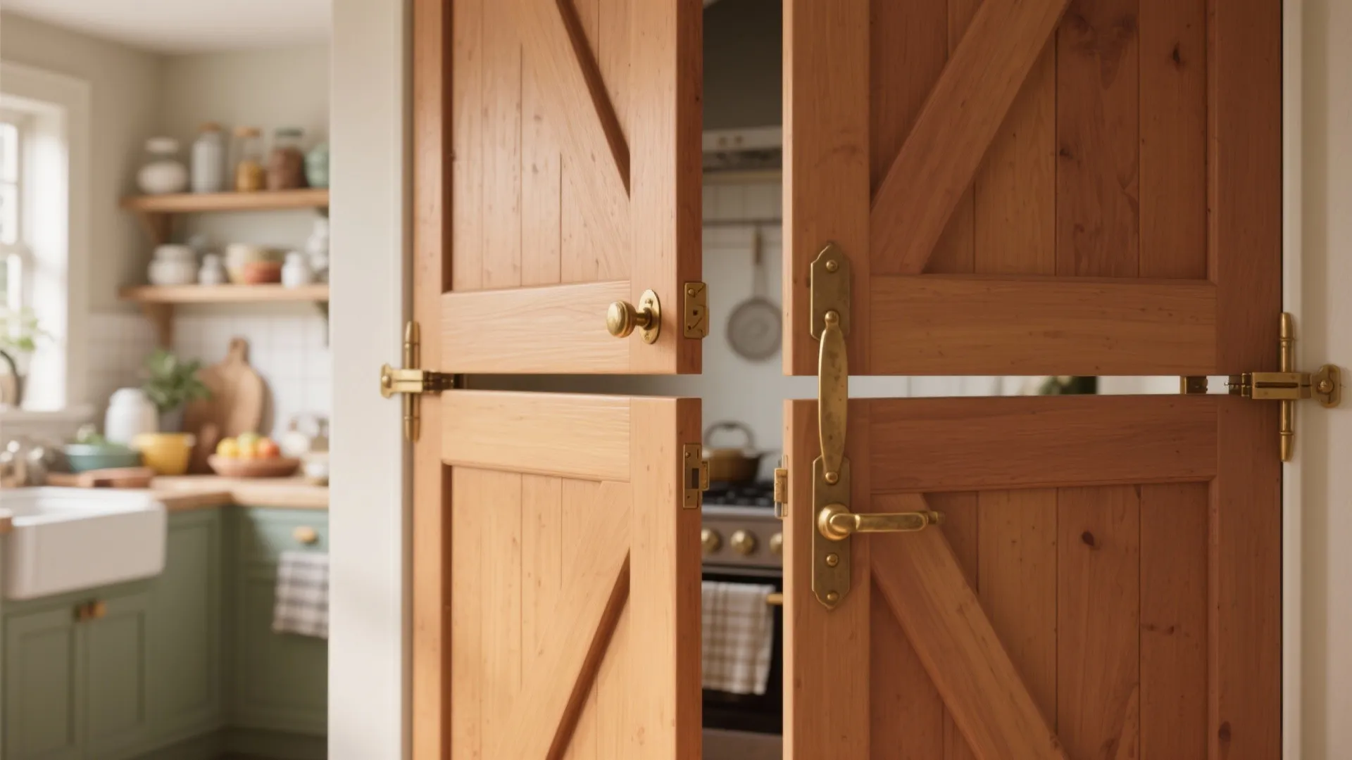 Dutch-style split swing door with independent top and bottom halves in a small kitchen.