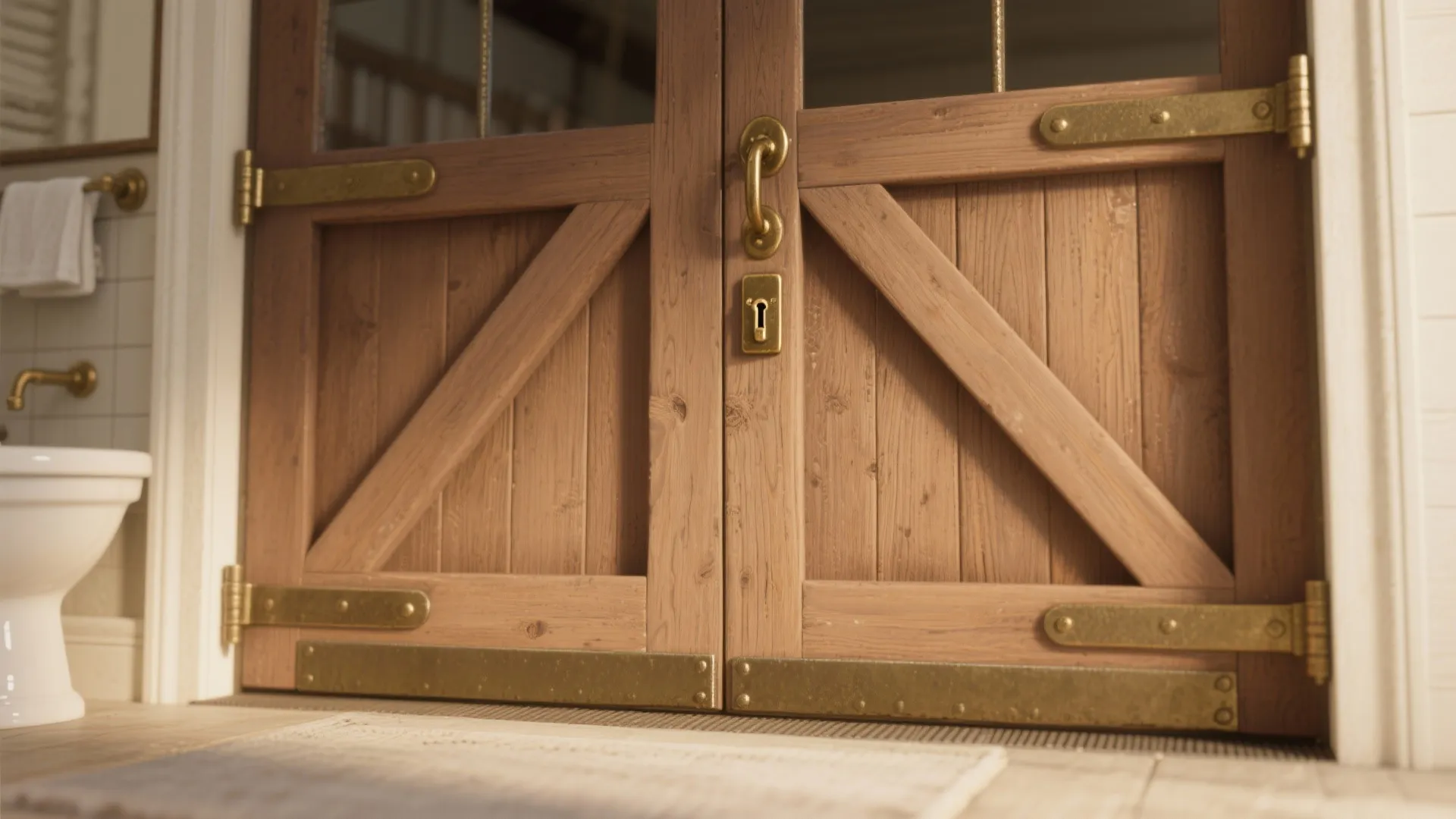 Close up view of wooden bathroom doors with gold metal hardware and a small handle