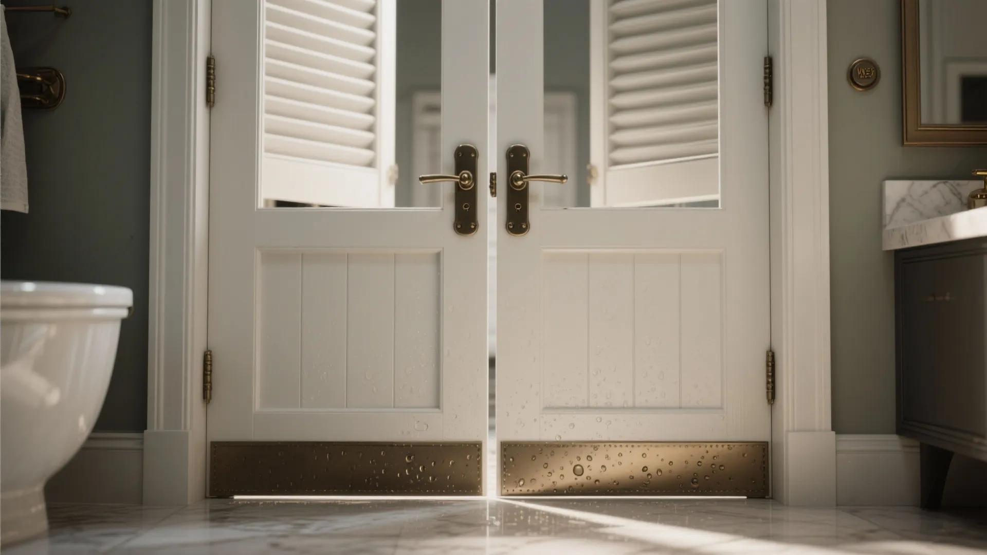 Close up view of white double bathroom doors with golden handles and metal base plate