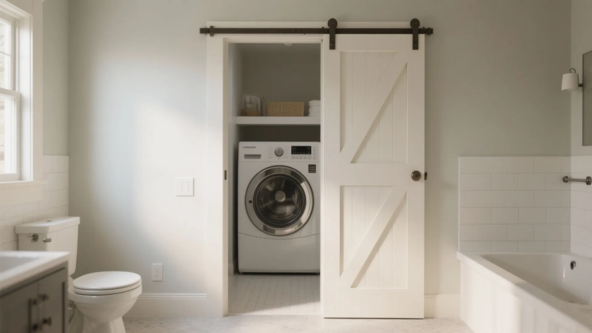 Split Dutch bathroom door with upper leaf open for ventilation and lower leaf closed near a laundry niche.