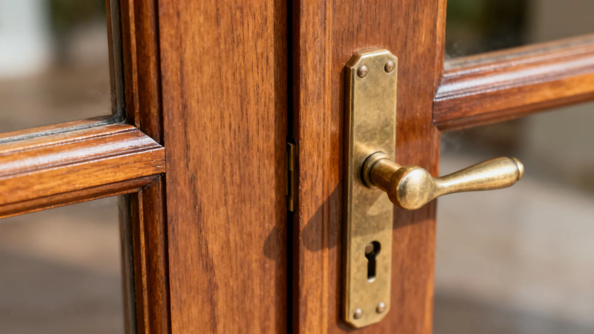 Close-up of Dutch door meeting rail with beveled edge and brass latch.