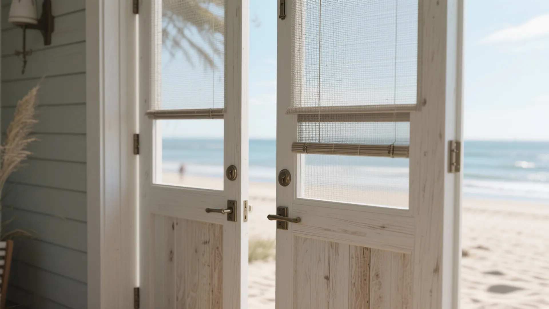 Close-up of a Dutch door with a retractable screen open at the top, showing hardware and mesh detail.