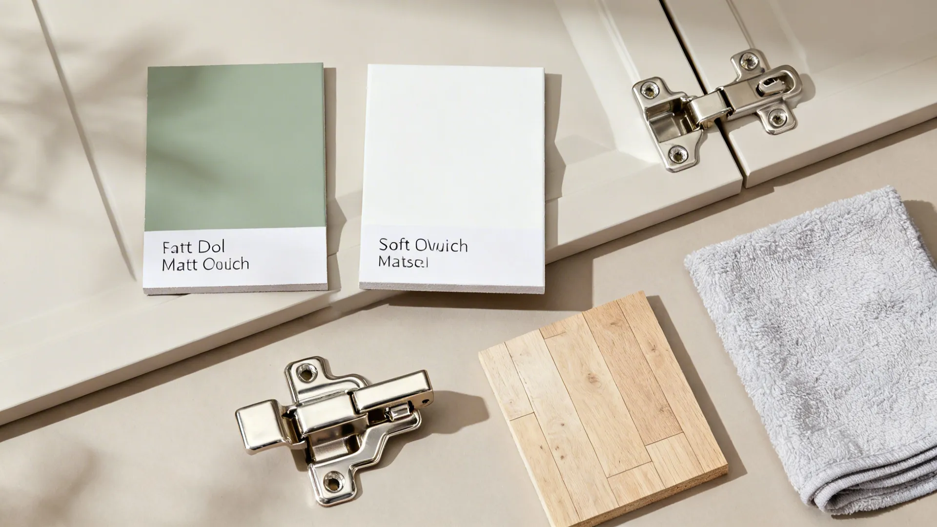 Material flat lay with sage paint, matte lacquer, nickel latches, and light oak sample for a Dutch gate.