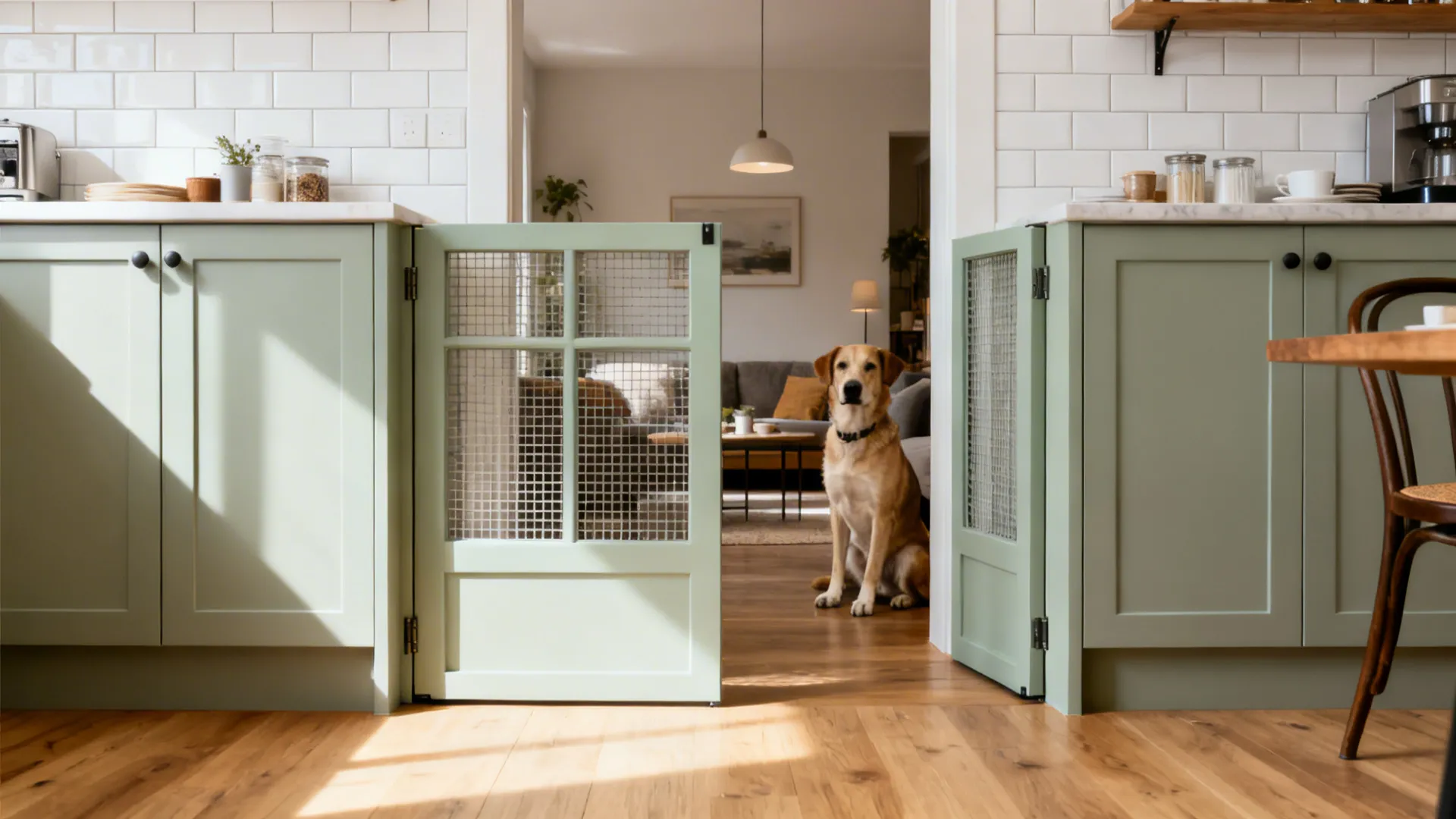 Half-height Dutch kitchen gate with the top open for airflow in a bright small kitchen.