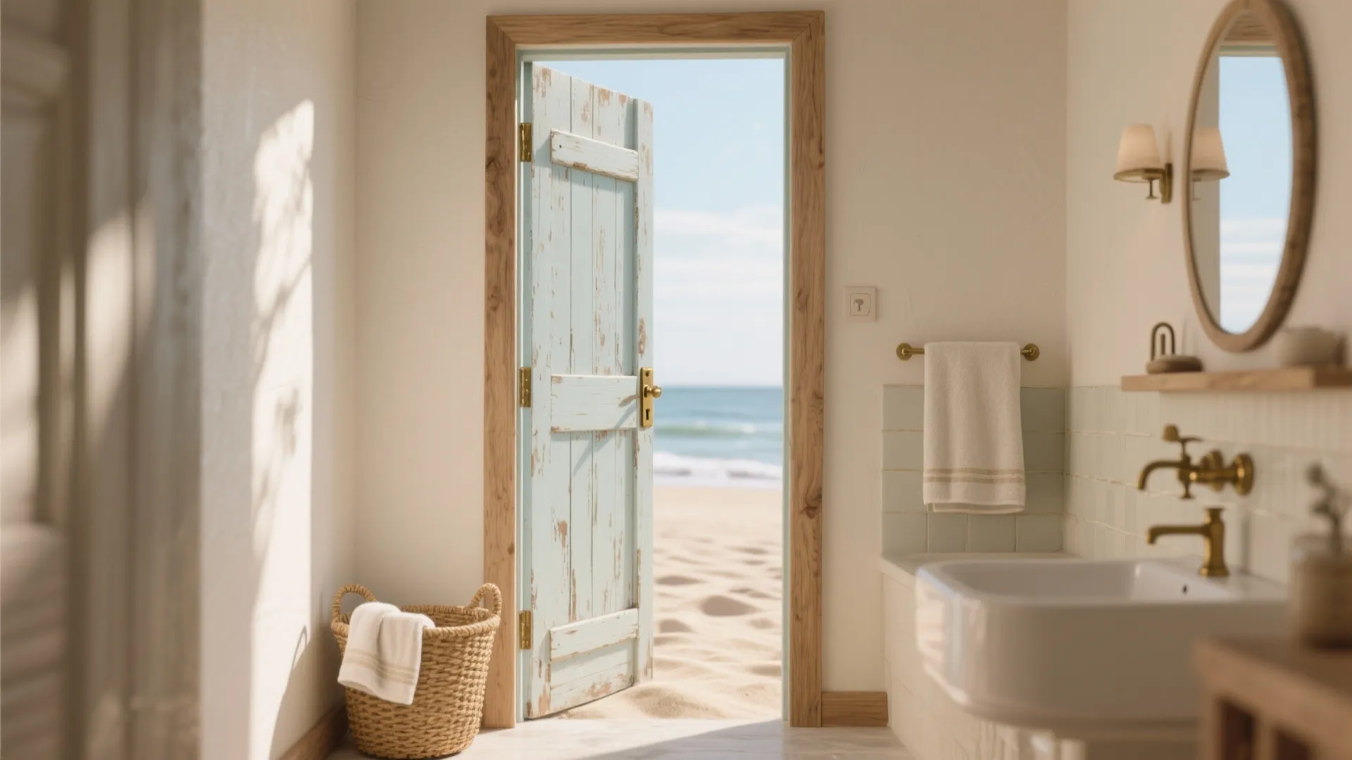Rustic bathroom with a blue wooden door opening to a sandy beach and blue ocean
