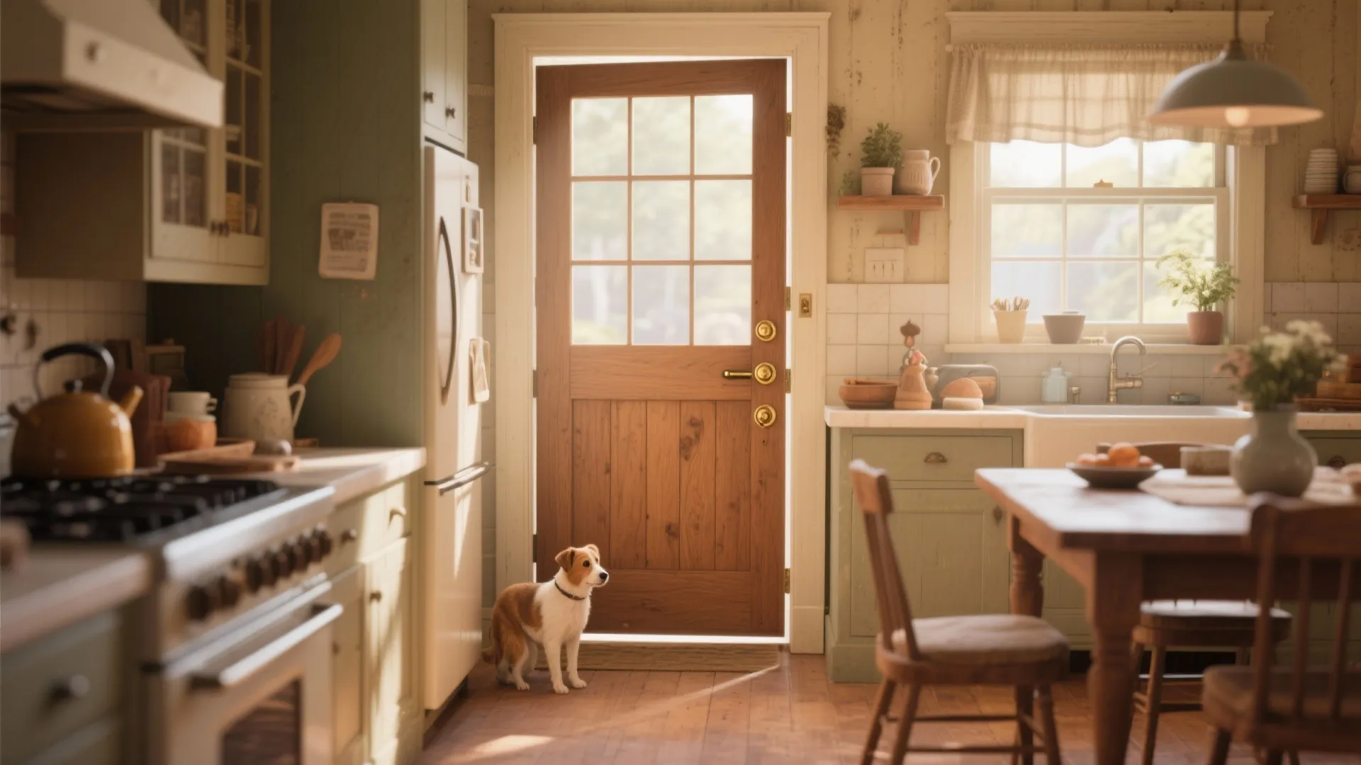 Cozy kitchen with wooden door a small dog and warm natural light from the window