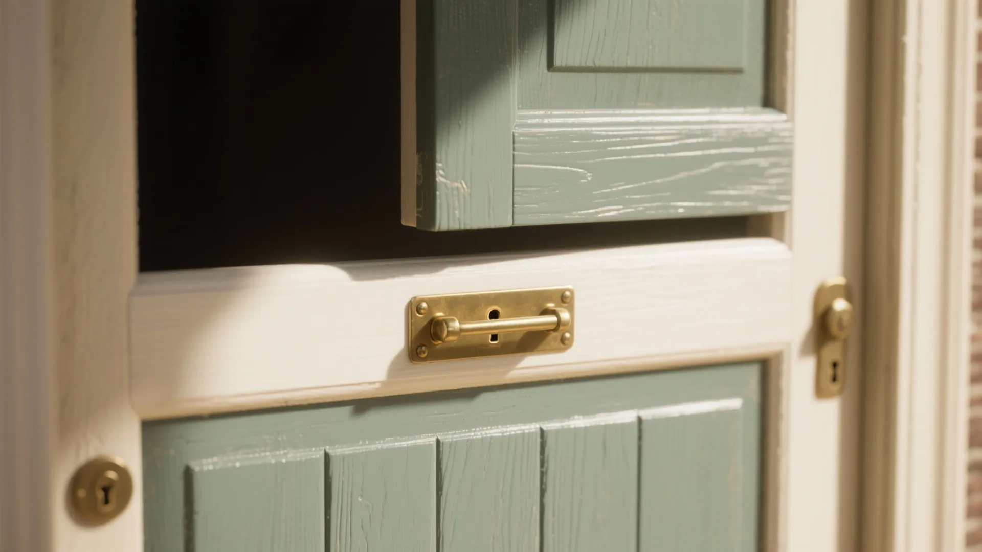 Close up of a green wooden half door with gold handles and white frame trim design