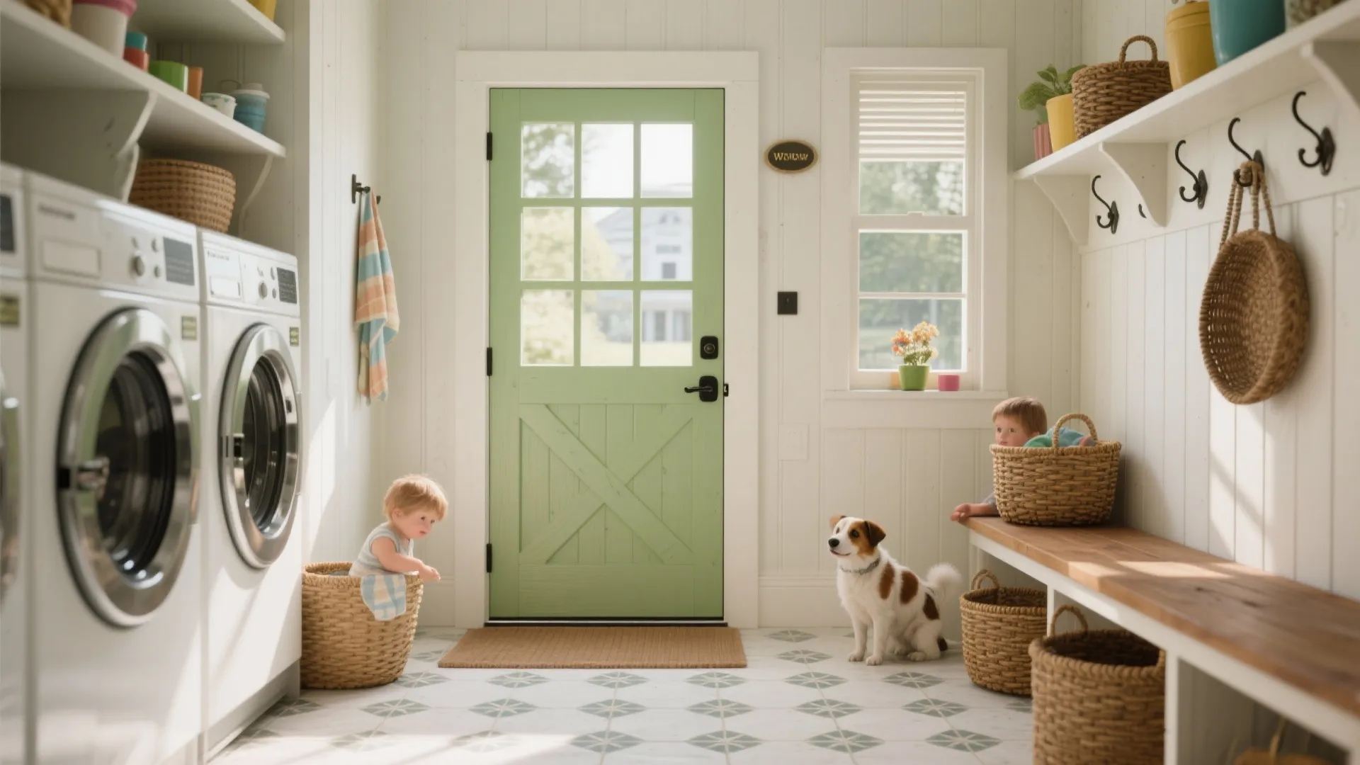 Bright laundry room featuring two washing machines a green door a dog and small baby