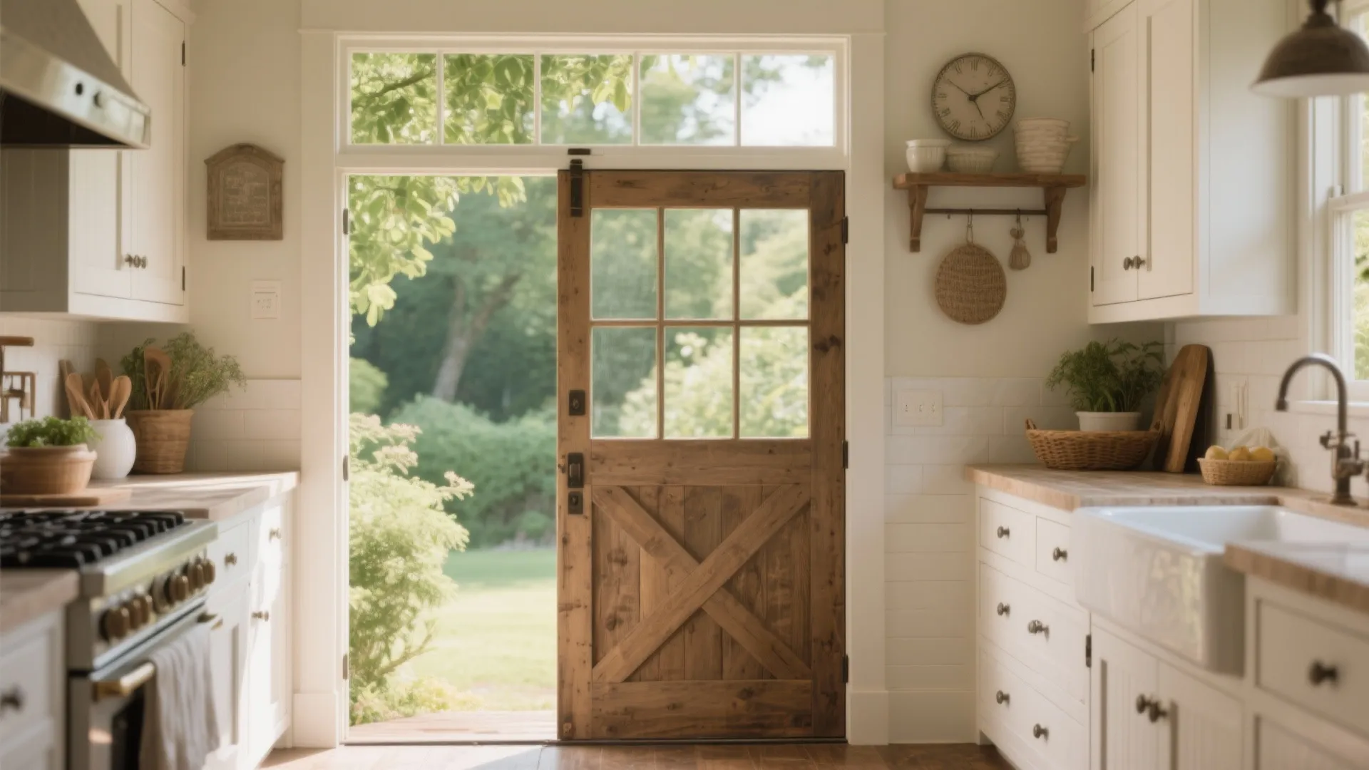 Rustic kitchen with white cabinets and a wooden split door opening to a green garden