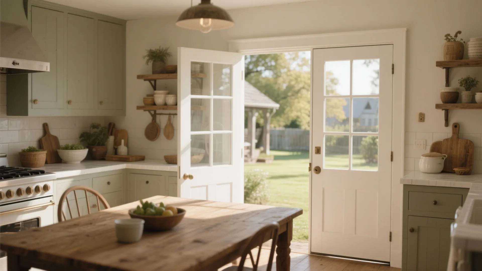 White kitchen doors open to a sunny backyard with green cabinets and wood dining table
