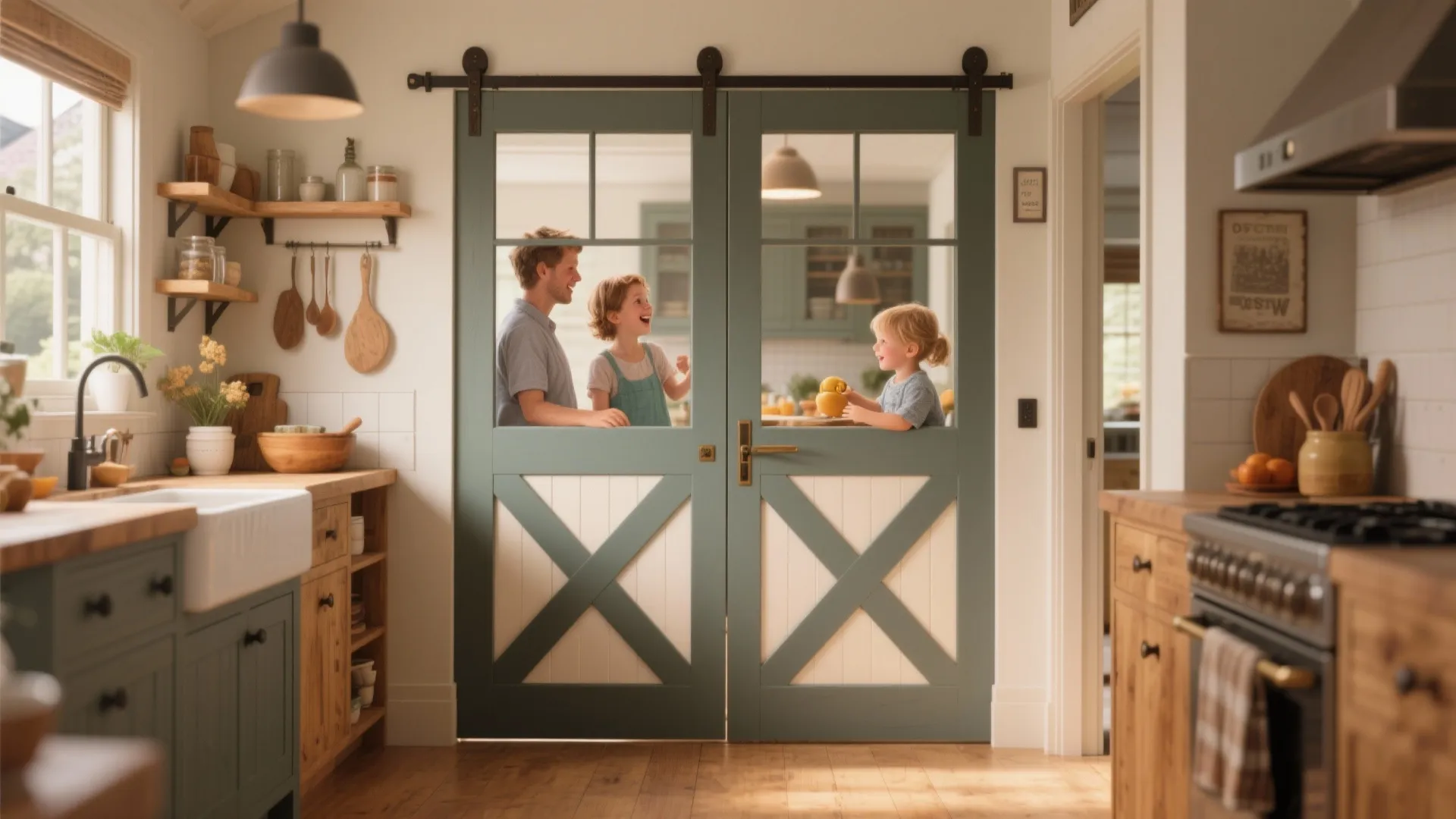 Dutch-style split kitchen door with the top half open for conversation and bottom half closed.