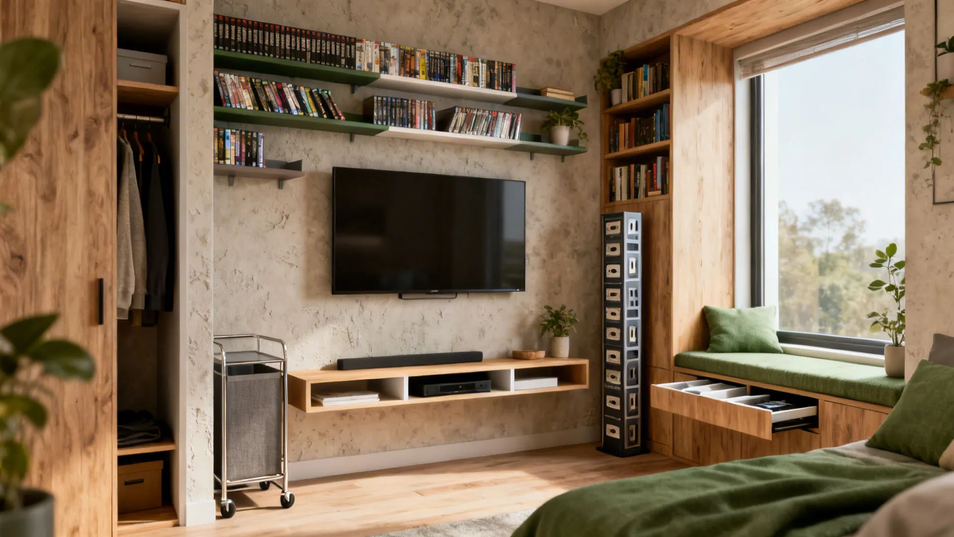 Living room with wall mounted TV, DVD shelves, window seat, green cushions, and wooden closet