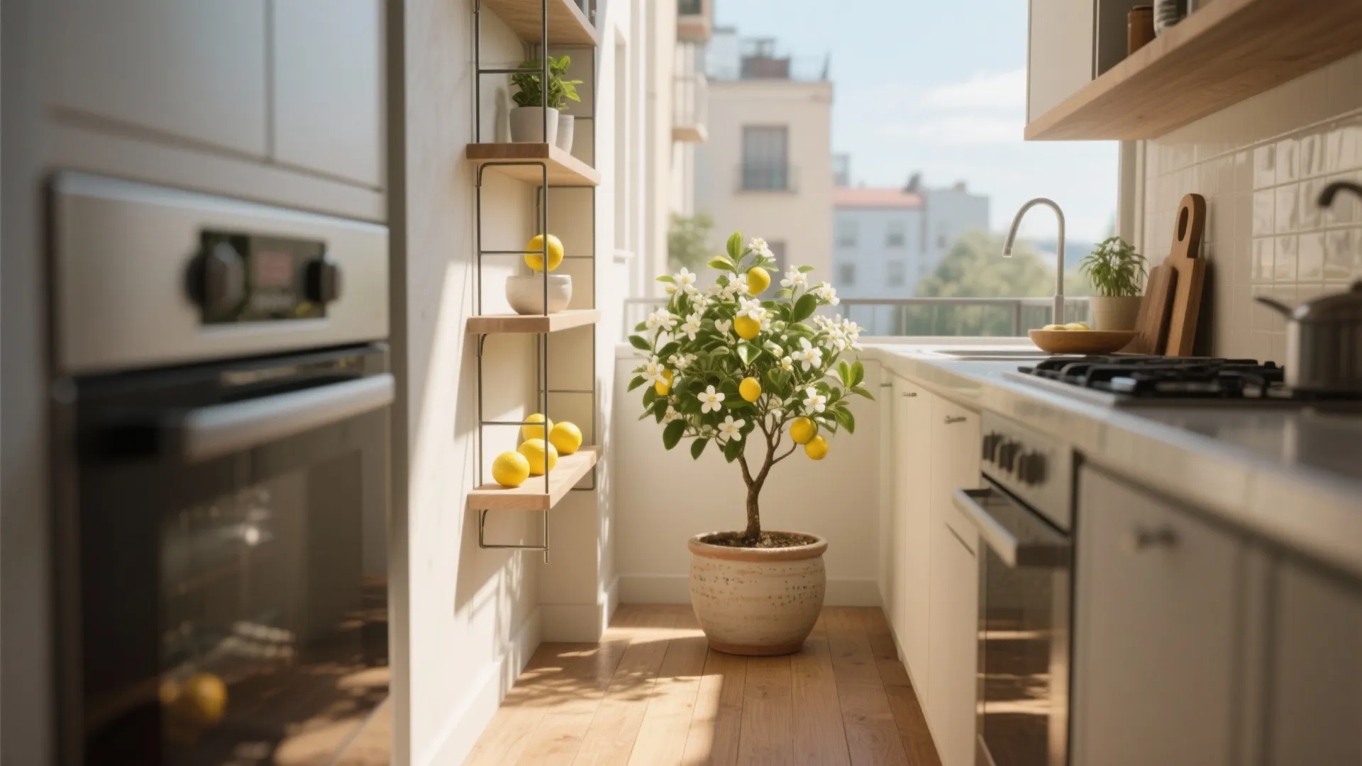 Sunlight filled kitchen balcony featuring a small lemon tree in a pot near white cabinets