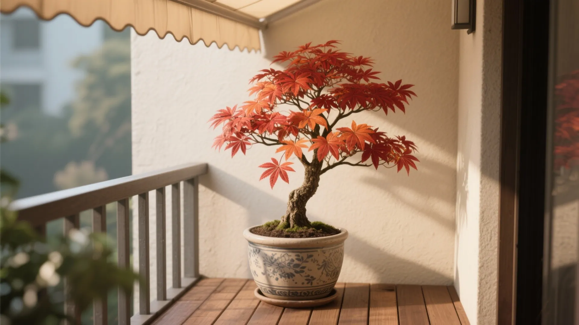 Small tree with red leaves in a ceramic pot on a wooden balcony under sunlight