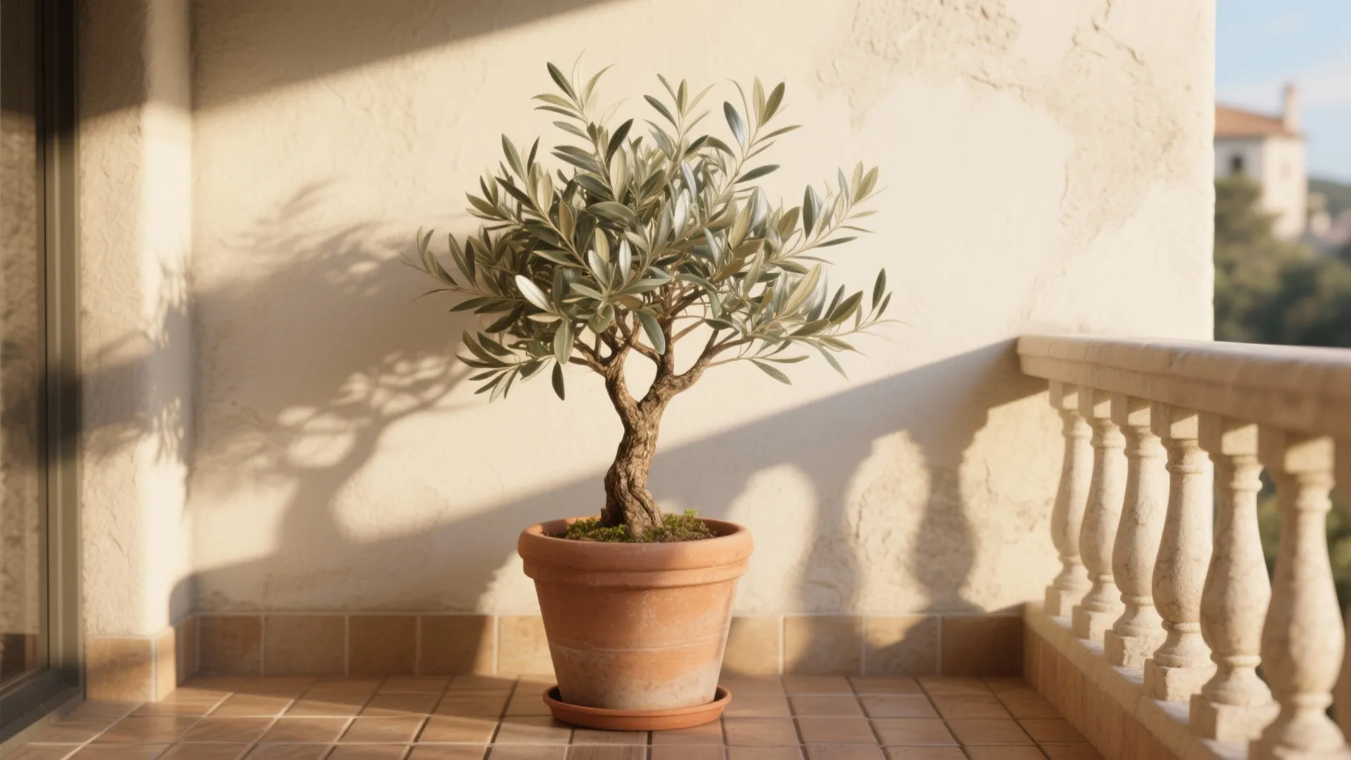 Single potted olive tree sitting on a sunny balcony with stone railing and warm shadows