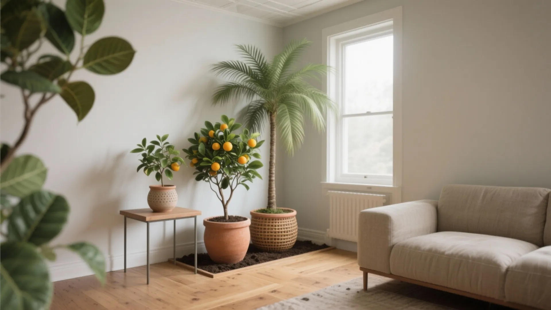 Corner of an apartment with dwarf citrus, parlor palm, and compact ficus scaled for low ceilings.