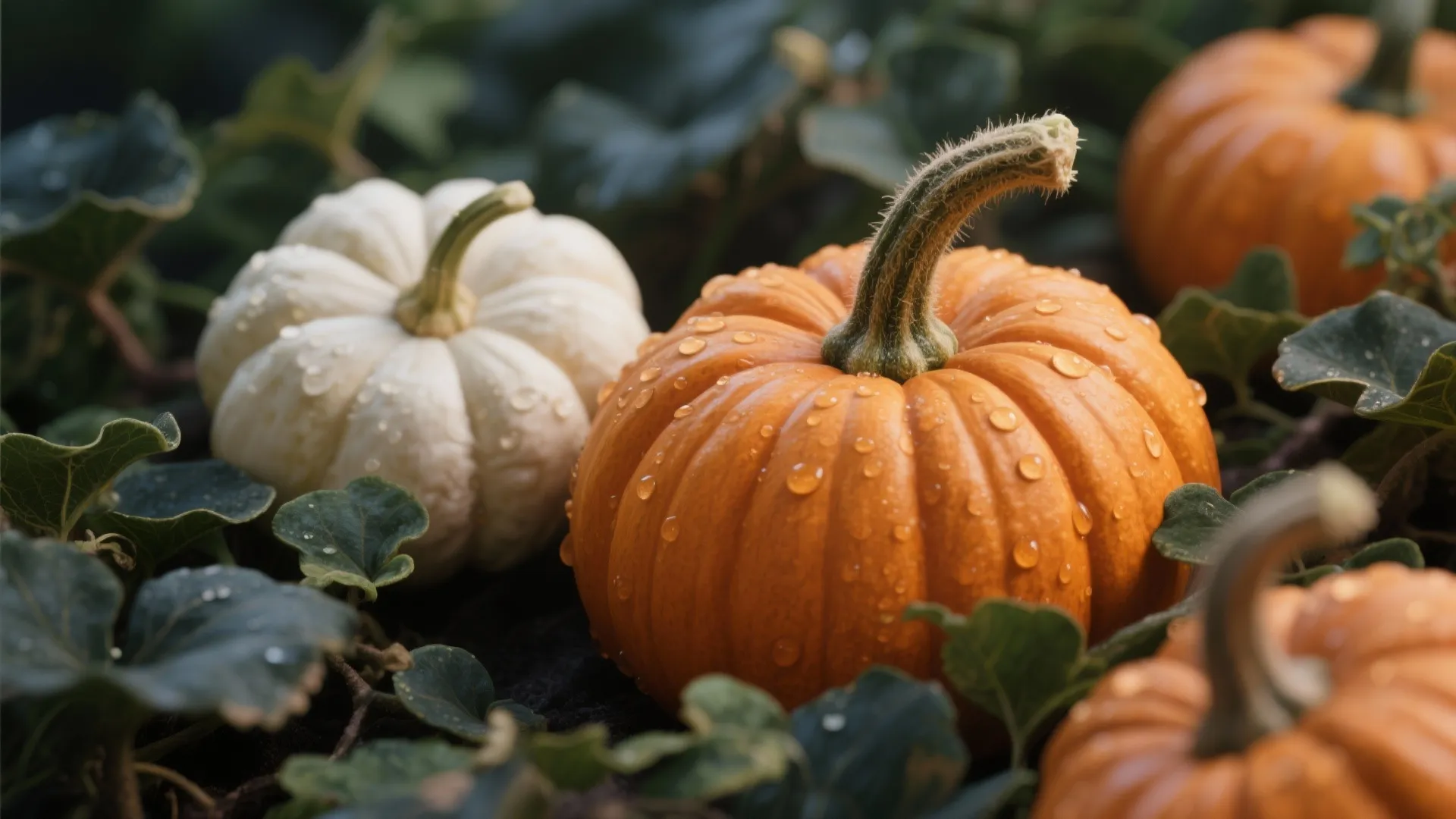 Close up of small orange and white pumpkins with water drops resting on green leaves