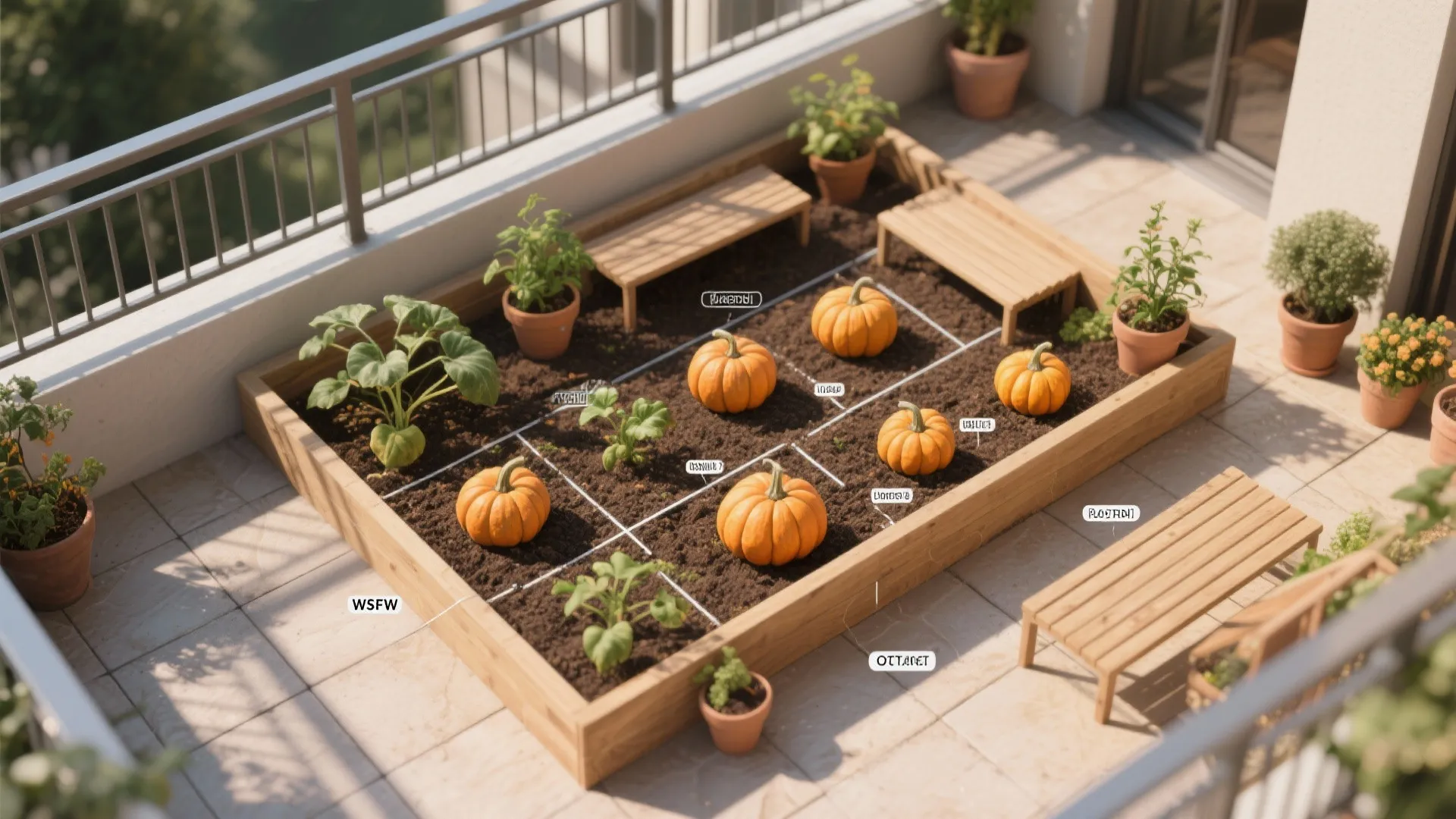 Wooden raised garden bed on a balcony with small pumpkins growing in soil near benches