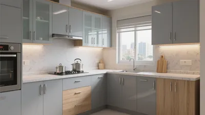 Modern Gray Kitchen with Wood Accent Cabinets