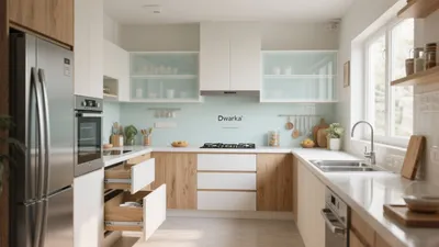 Modern L-Shaped Kitchen with Wood & Mint Accent