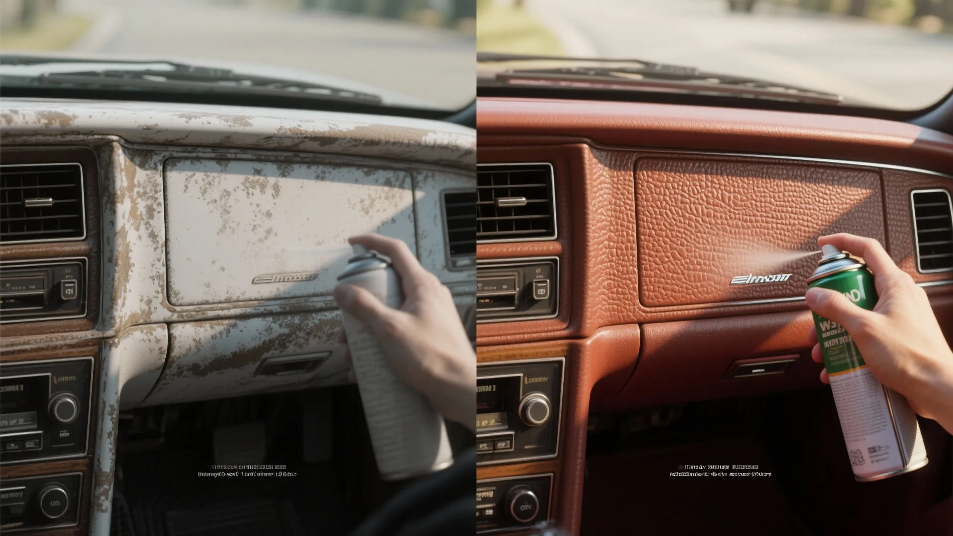 Before-and-after of a textured dashboard restored with dye and a matte or satin clear topcoat showing matched sheen.