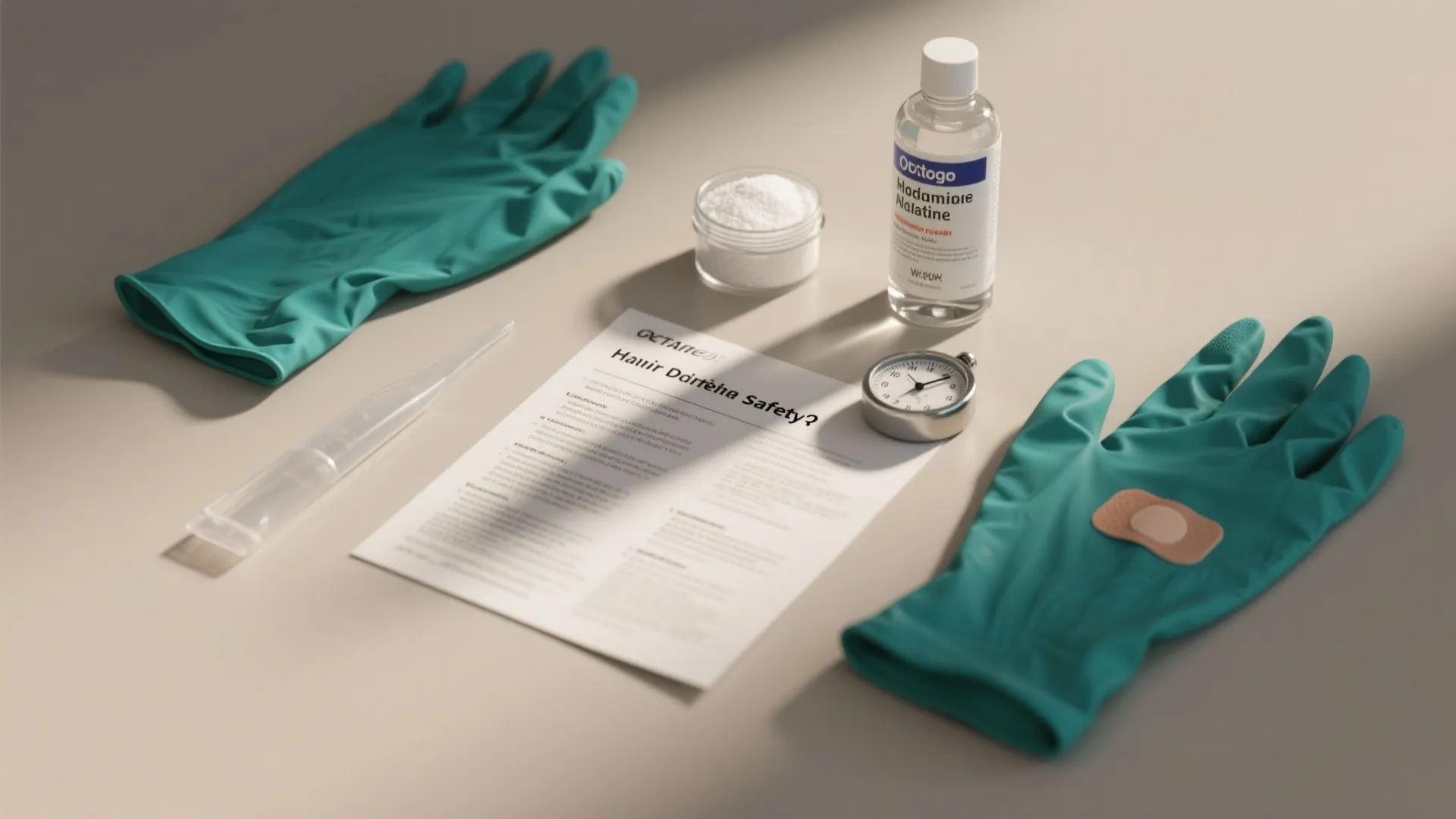 Hair dye safety equipment including green gloves liquid bottle white powder and safety instruction paper