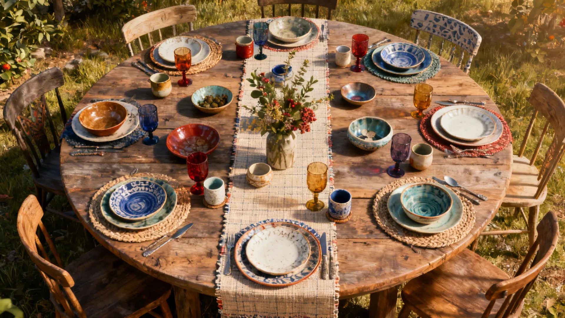 Large round table with a narrow runner and alternating place settings, creating a lively corridor of decor.