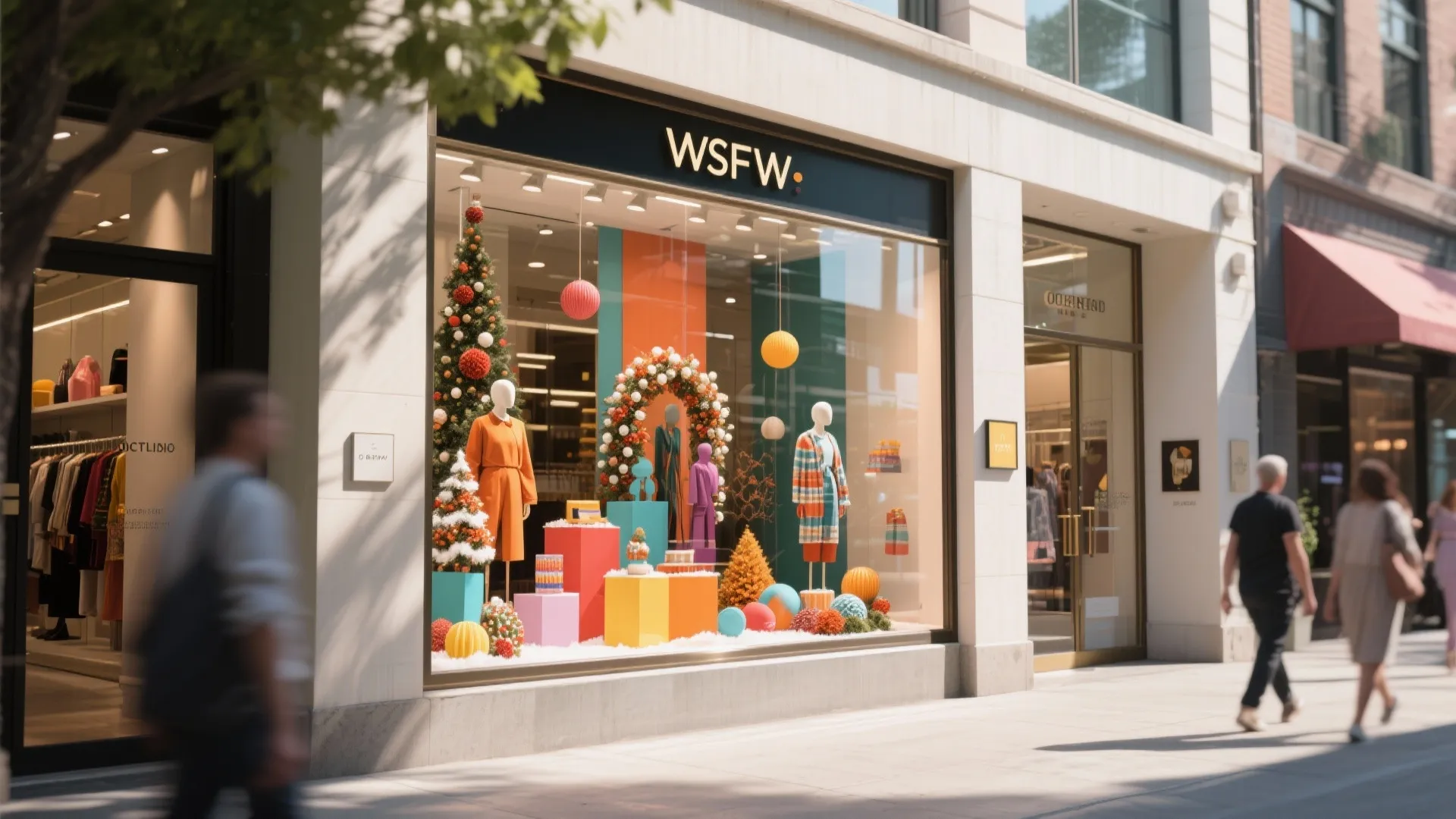 Clothing store window display with mannequins, colorful boxes, Christmas trees, and people walking on sidewalk
