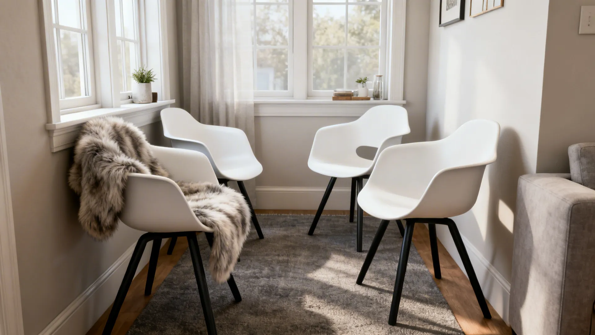 Classic Eames-style white molded chairs with black legs in a small nook